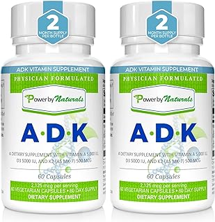 Power By Naturals ADK Vitamin Supplement: Vitamin A, Vitamin D3 5000 iu, and Vitamin K2 MK-7, Support Bone Health Vitamin ADK Supplement, Pure Vitamin D3 K2 MK7 & A, Pack of 2 (60 Capsules Each)