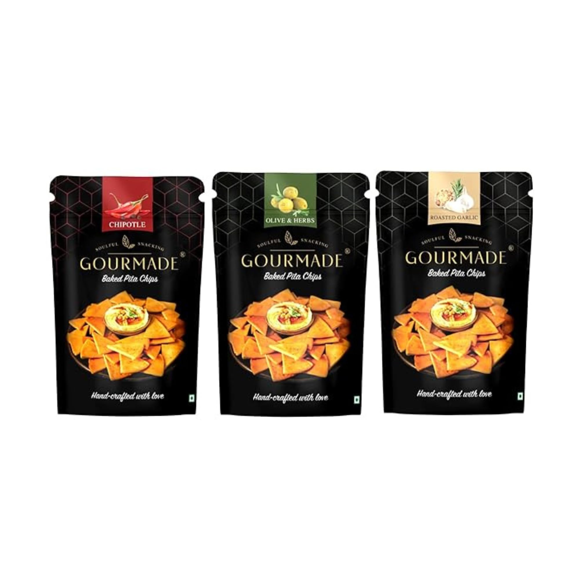 Pita Chips Snacking Combo, 375g | Chipotle, Roasted Garlic, Olive & Herbs (125gms ecah - Pack of 3) | Baked Chips,Bar Party Snacks,Dip & Starter Chips | Nachos & Tortillas