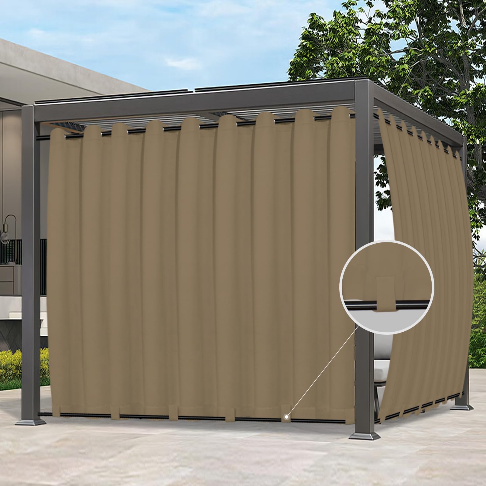 Easy-Going Outdoor Curtains Waterproof Windproof Weatherproof Curtain for Patio, Cabana, Porch, Pergola and Gazebo, Grommet Top and Tab Bottom Drape, 1 Panel, 150x108 inch, Khaki