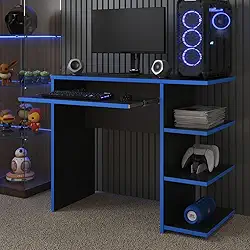Escrivaninha/Mesa de Computador com 1 Gaveta e Prateleiras Organizadora para Quarto ou Escritório de Estudo Gamer (Preto/Azul)