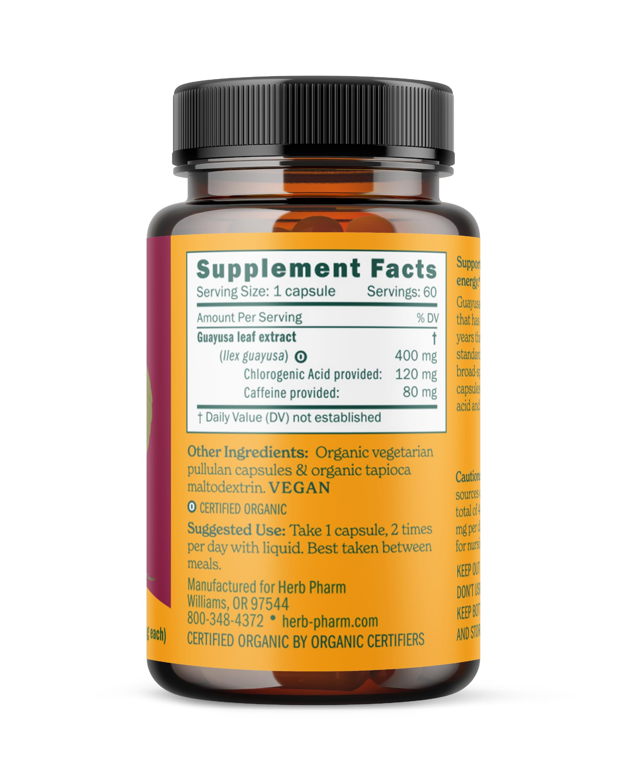 Herb Pharm Guayusa Capsules: USDA Organic Nootropic Brain Supplements for Focus, Herbal Nootropic & Energy Support| 60 Vegan Capsules, 30 Day Supply* — Amazon image 2