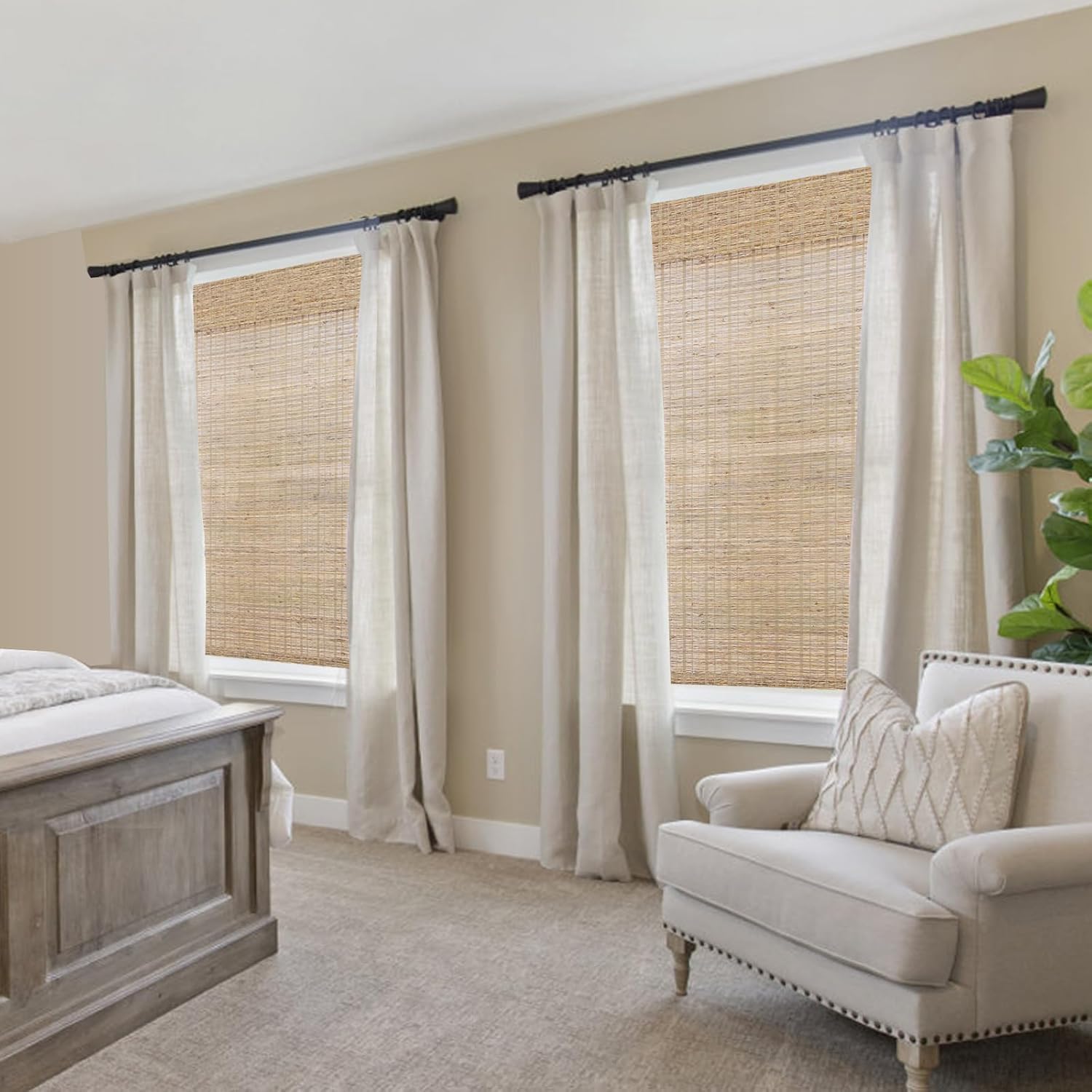 Sunbox Cordless Linen Roman Shades, Custom Natural Hemp and Bamboo Lined Blackout Window Shades Blinds, Easy to Install for Home Windows, Kitchen, Door, Beige Gray