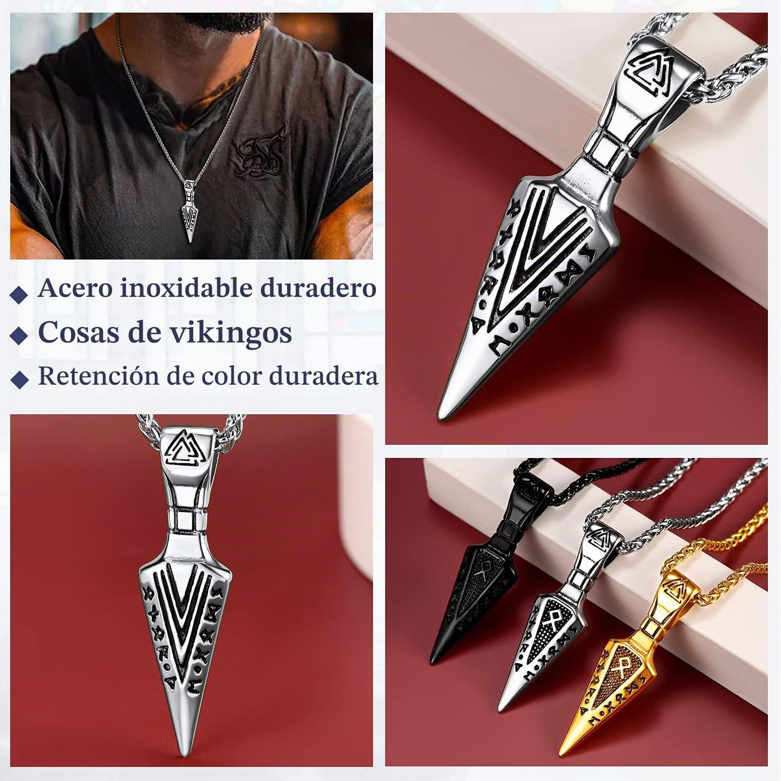 FaithHeart Collar Vikingo Colgante Hombre Vegvisir Vikingo Flecha Acero Inoxidable 316L Talismán Nórdica Joyería Protección Familia