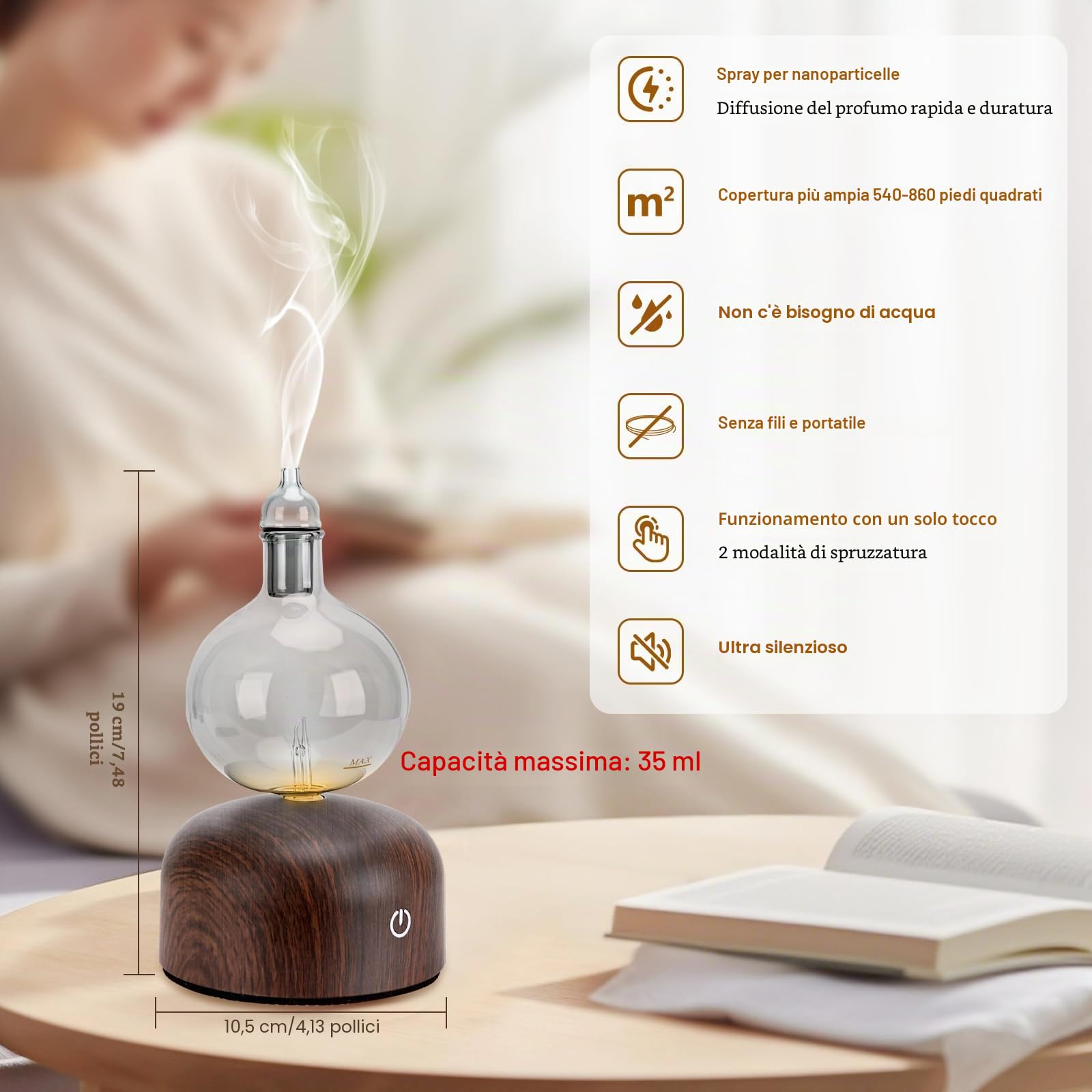 Diffusore senz'acqua per oli essenziali Lychee senza fili, a batteria, diffusore di arromaterapia, nebulizzatore per nebbia con 2 modalità, inizio ciclo, per ambienti da 50 a 80 m² Home Off