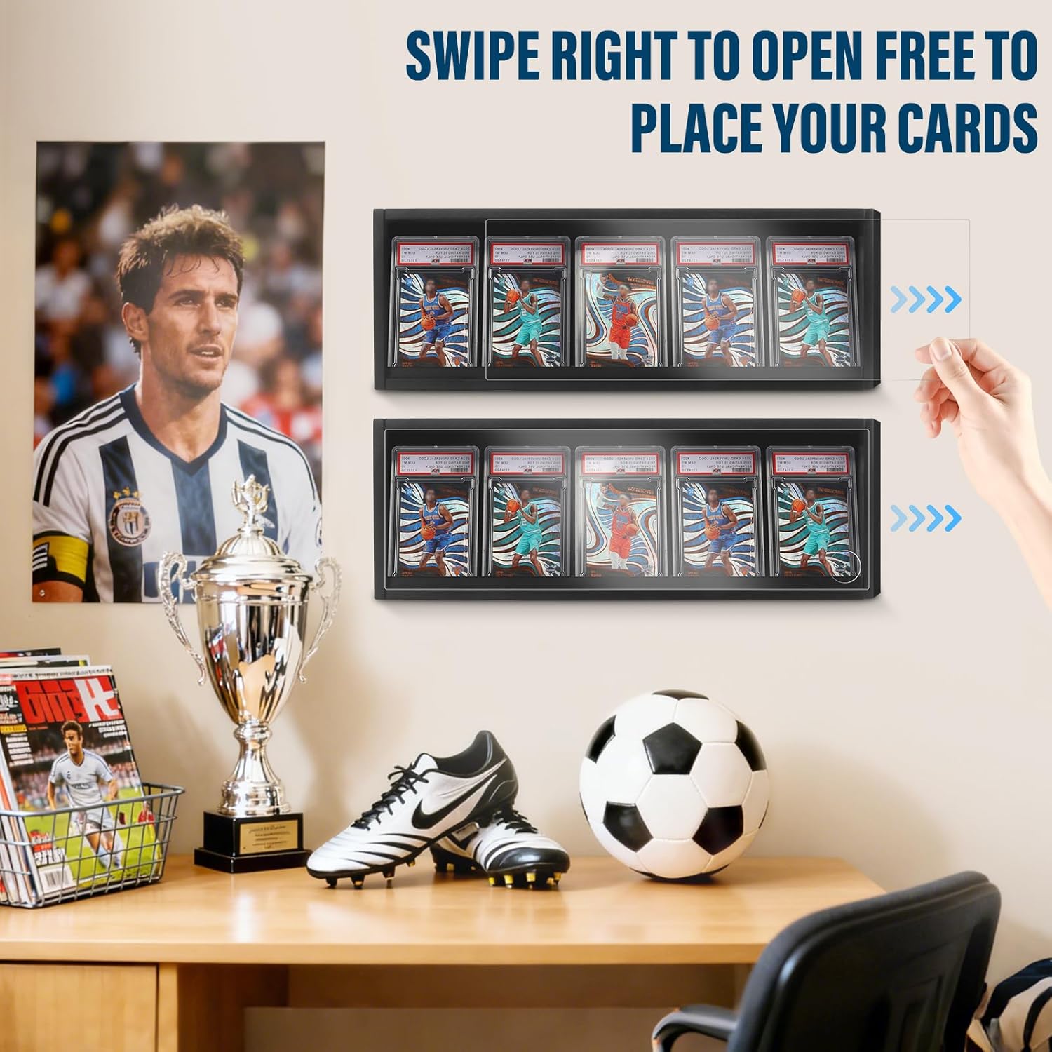 2-Pack Card Display Case Stand Wall Mount, Pine Wood & Acrylic Frame with Sliding Door for Easy Swapping, UV Protection, Dustproof Collect for PSA, BGS, Sports Baseball Trading Cards