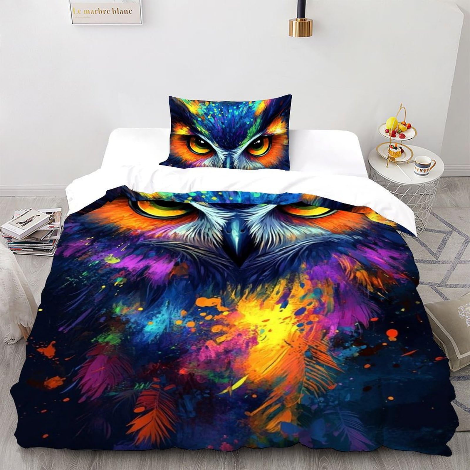 Parure de lit luxe motif plumes et hibou lumineux style abstrait