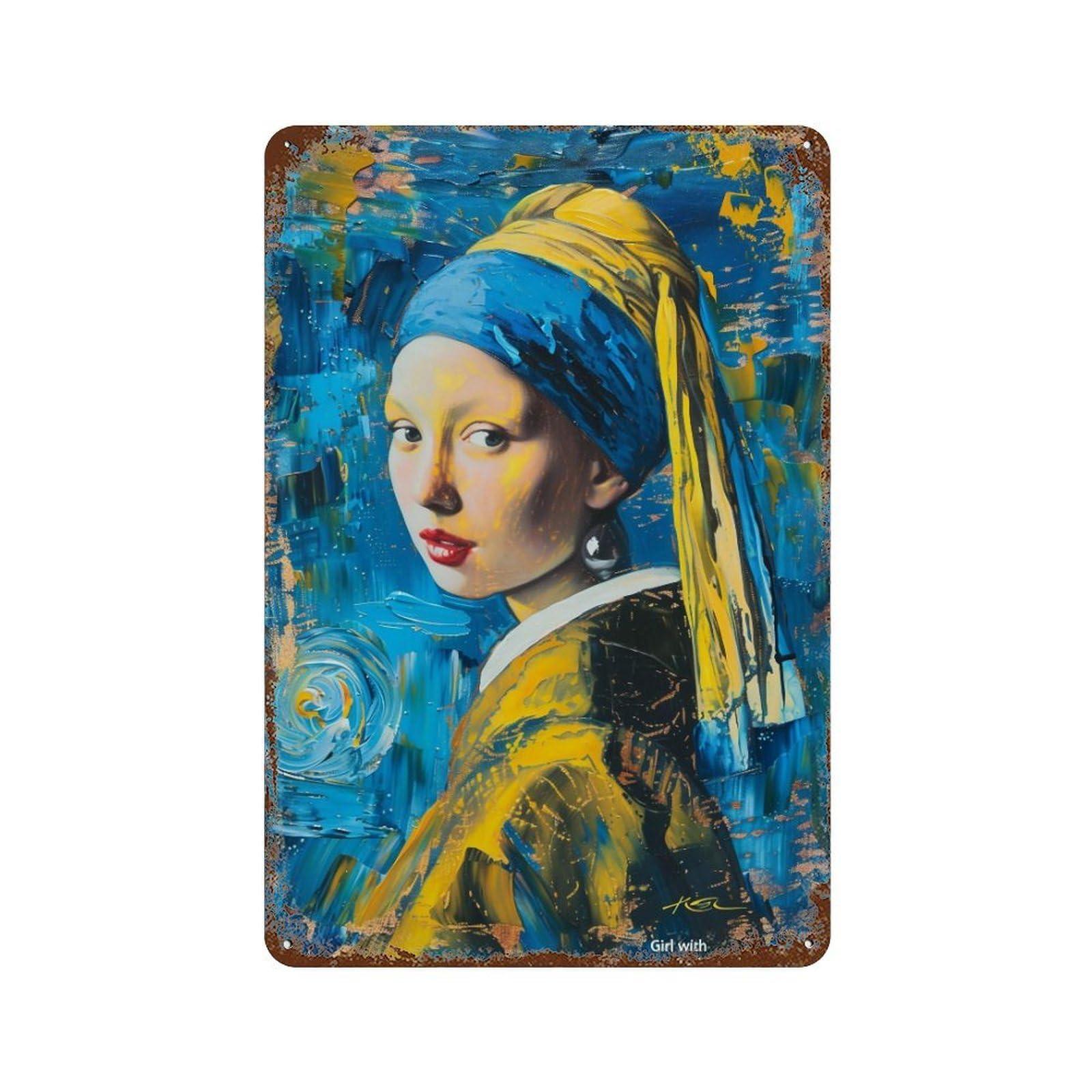 FHUYEURHRY Starry Night Girl with A Pearl Earring Fusion 02 Wall Decor Retro Iron Vintage Art Metal Tin Sign Poster Modern Home Cofffee Club Art Bar Shop Decorations Style-25 30x20cm