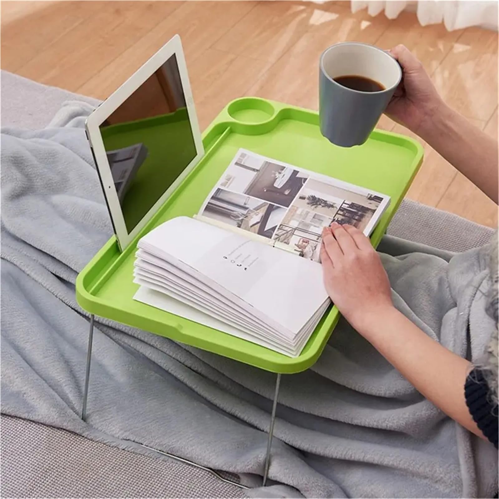 Tavolino pieghevole per colazione e computer portatile, con portabicchieri, multifunzione, bianco, per casa e ufficio, per lavoro e tempo libero