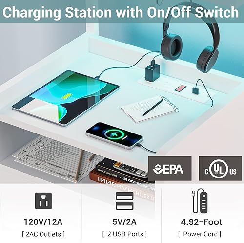 Miniatura 12 de AOGLLATI Juego de 2 mesitas de noche con estación de carga, juego de 2 mesitas de noche blancas para dormitorio, mesita de noche con cajón de