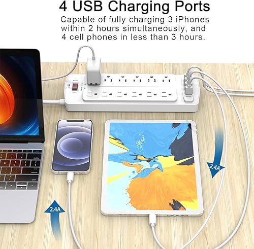 Miniatura 3 de Tcstei - Protector de sobretensiones con 12 salidas y 4 puertos USB, cable de extensión de 6 pies (1875 W15 A) para el hogar, oficina, artículos