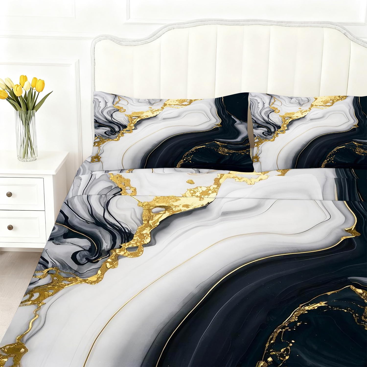 Black Gold Marble Sheets Sets Twin Size Elegant Marbling Fitted Sheet Set 3D Marble Bed Sheet for Kids Teens Adults Modern Bedspread 1 Fitted Sheet+1 Flat Sheet+1 Pillowcase