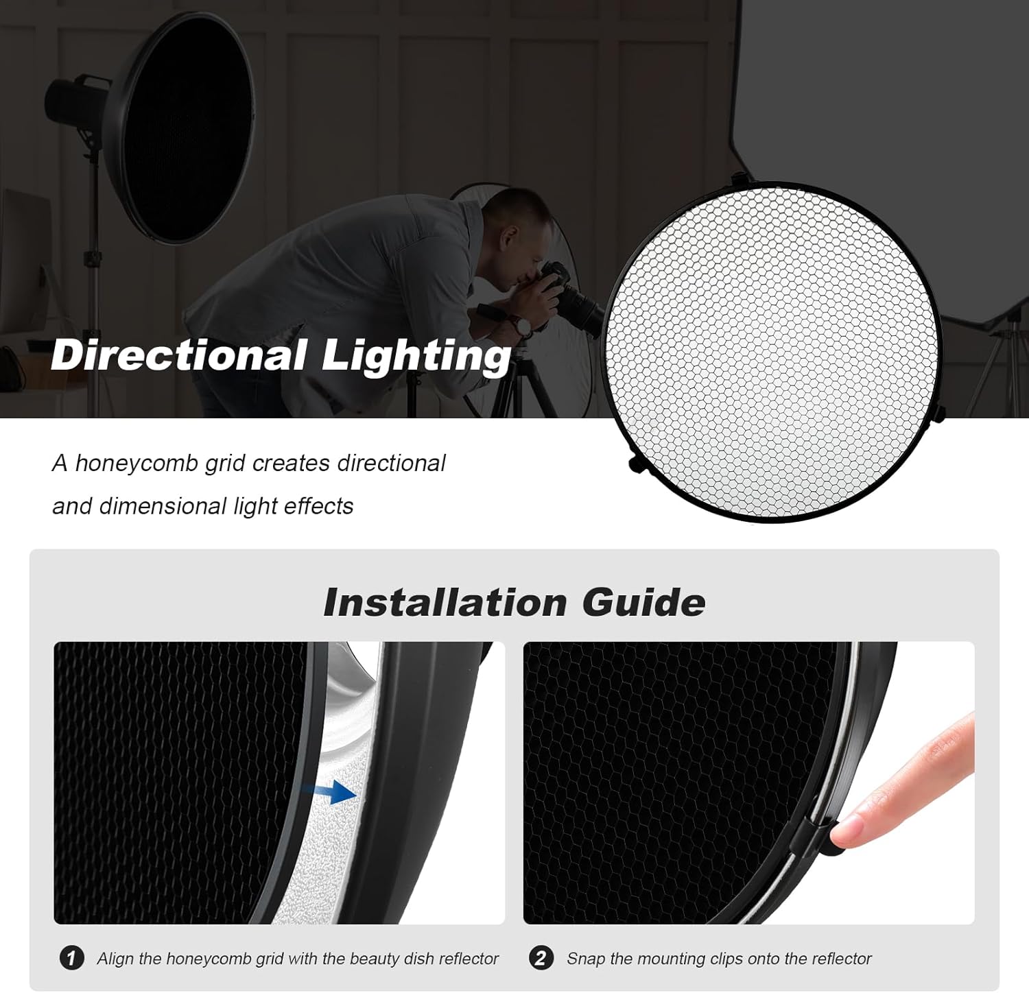 Soonpho 16inch/42cm White Beauty Dish Standard Reflector with Honeycomb Grid,Six-Color Diffuser and Bag,for Bowens Mount Studio Strobe Flash Like Godox AD200 AD100Pro