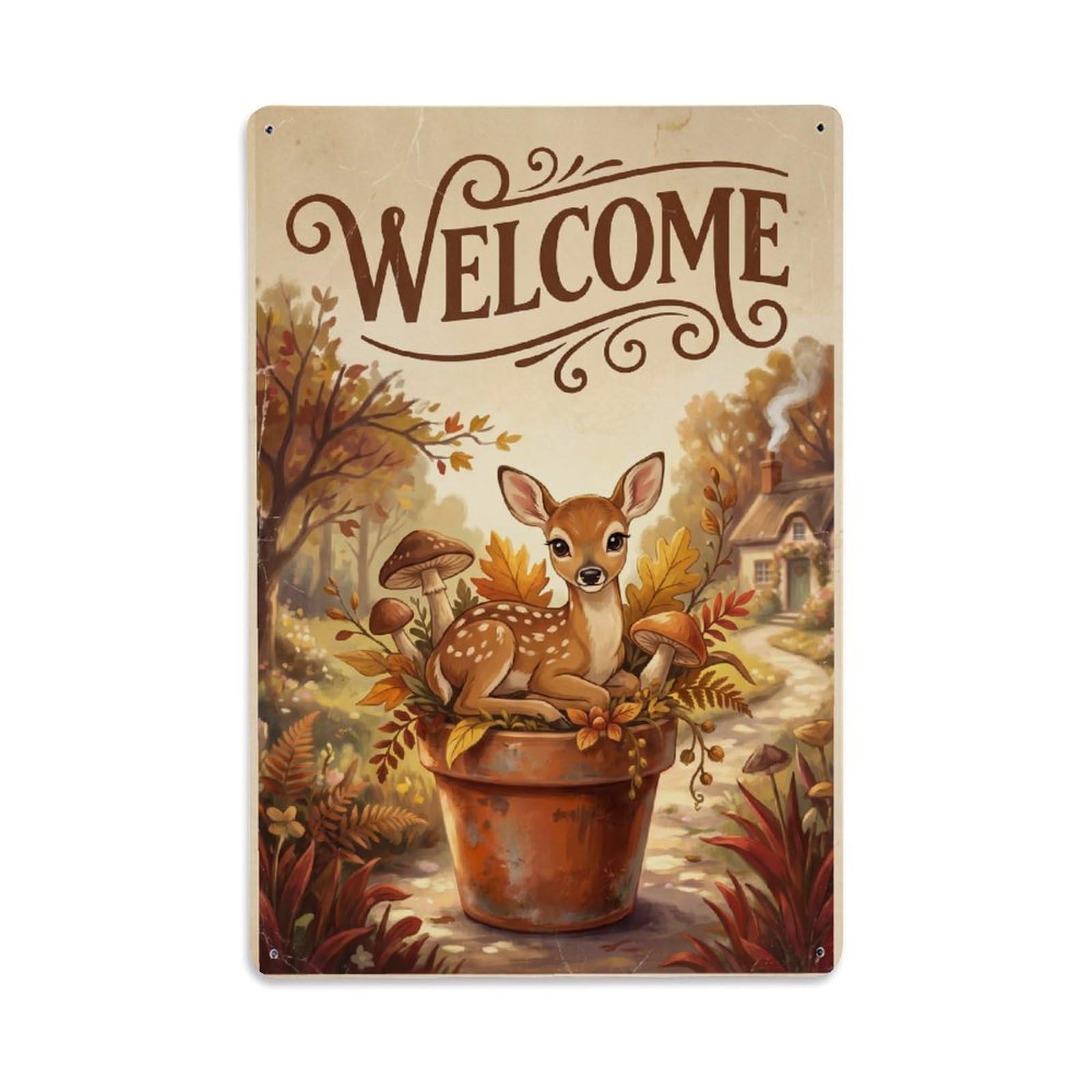 Cxhjca 8X12inch(20X30cm) Vintage Welcome Fawn Countryside Metal Tin Sign