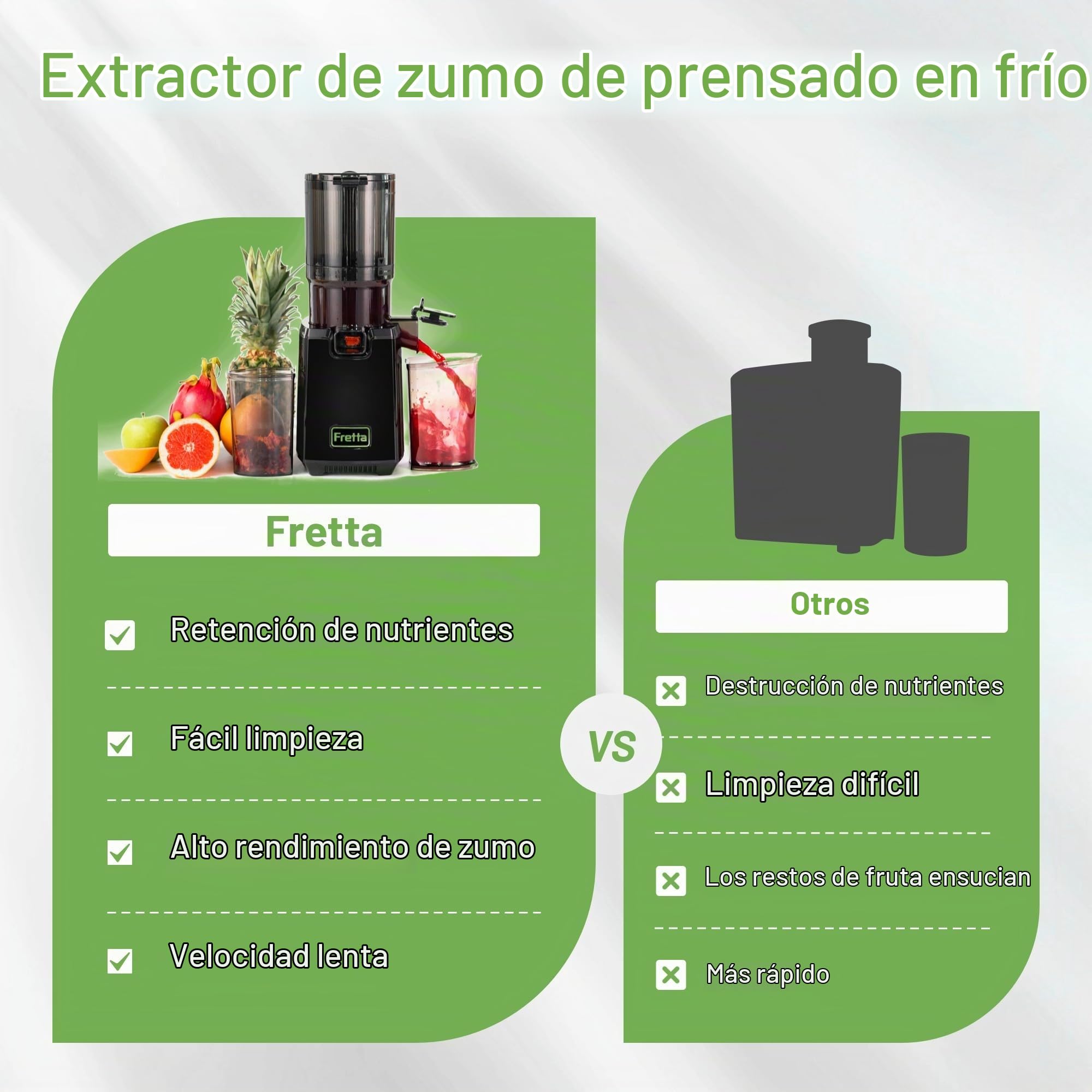 Fretta Extractor de Zumos para Reuniones Boca 5.3 Pulgadas Capacidad 1,8 L | Filtro triple para mayor rendimiento, admite frutas enteras, piezas desmontables, fácil de instalar y limpiar