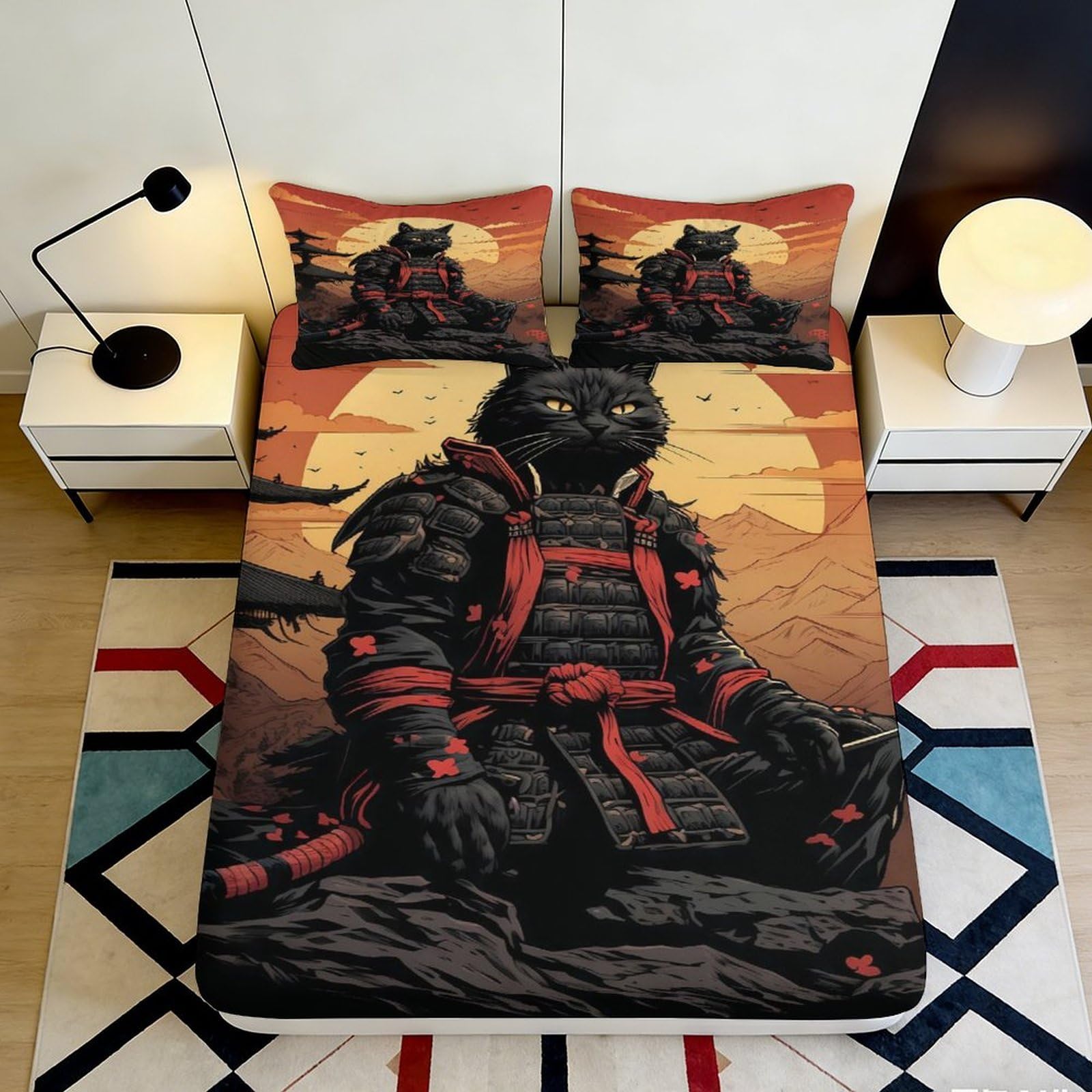 3D Printed Samurai Cat Fitted Sheet Microfiber Soft Breathable Sunset Warrior Mattress Cover for Bedroom Decor 90x200x25cm