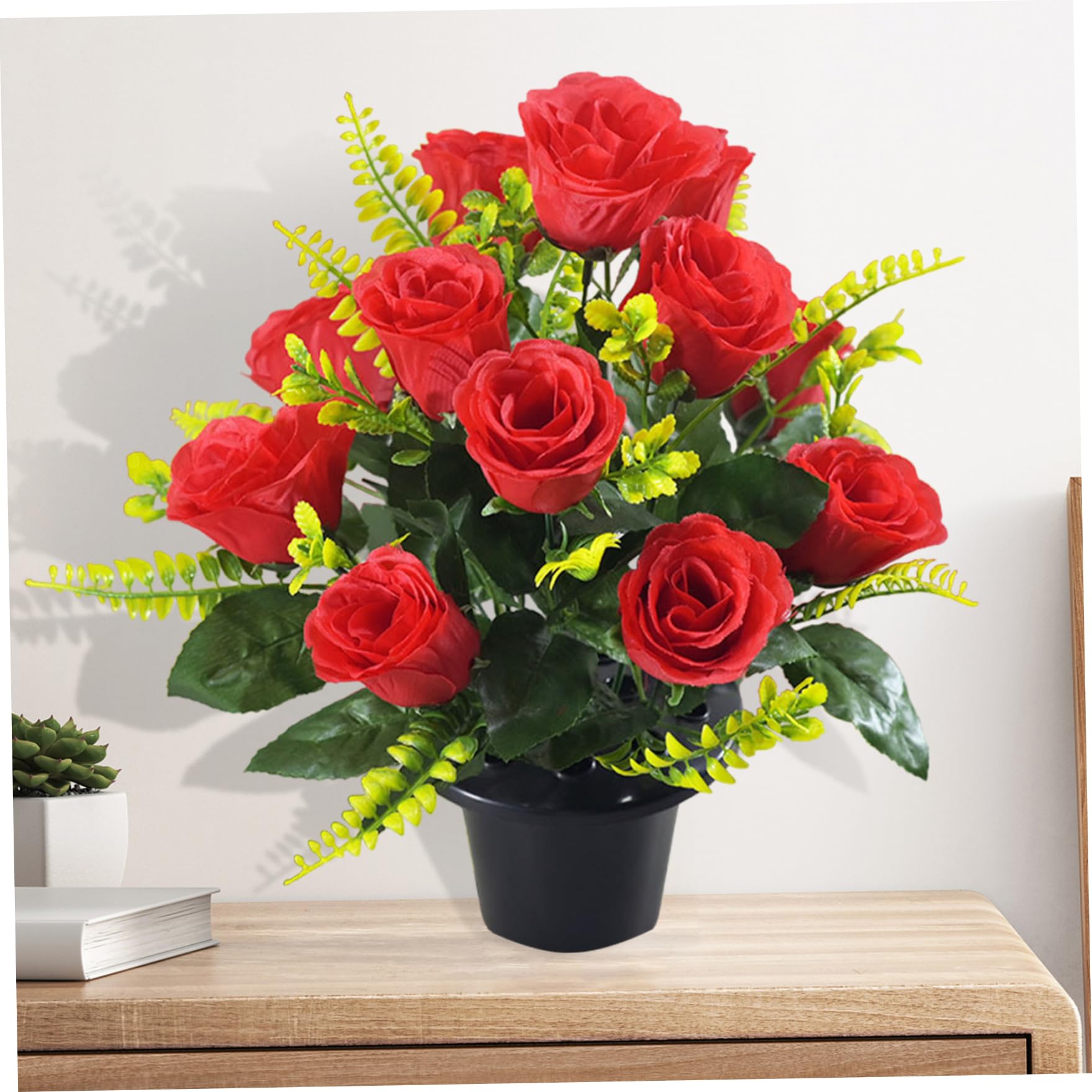 Roses de Fleurs Fleurs de cimetière en Pot avec des têtes en Tissu Soie, des Roses artificielles avec Une Plante en Pot à Faible Entretien pour la Tombe, Le cimetière et Les f