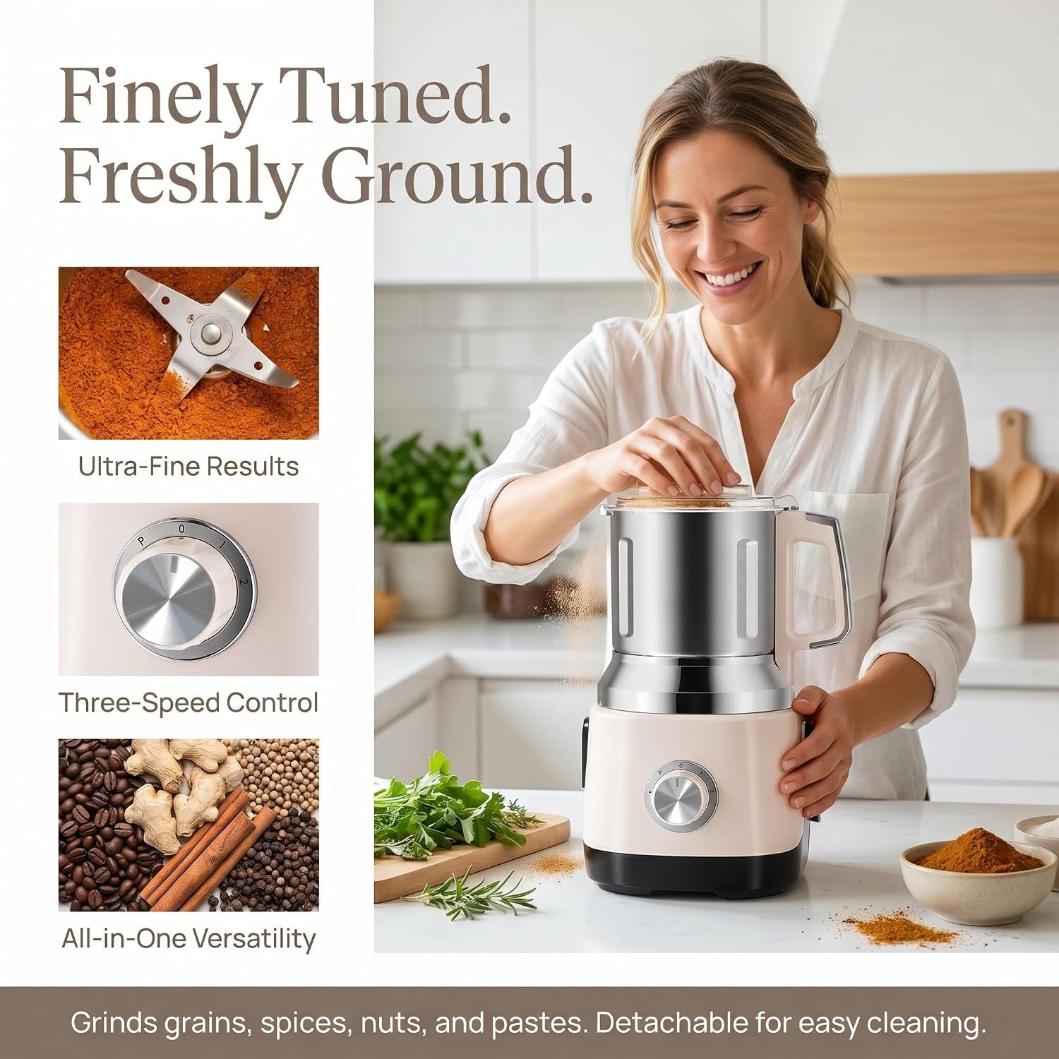 Macinino Elettrico per Cereali, Macina Spezie Versatile, 3 velocità Regolabili, capacità 1200 G, Robot da Cucina per Ingredienti Secchi E Umidi, per Macinare Spezie, Cereali E caffè.