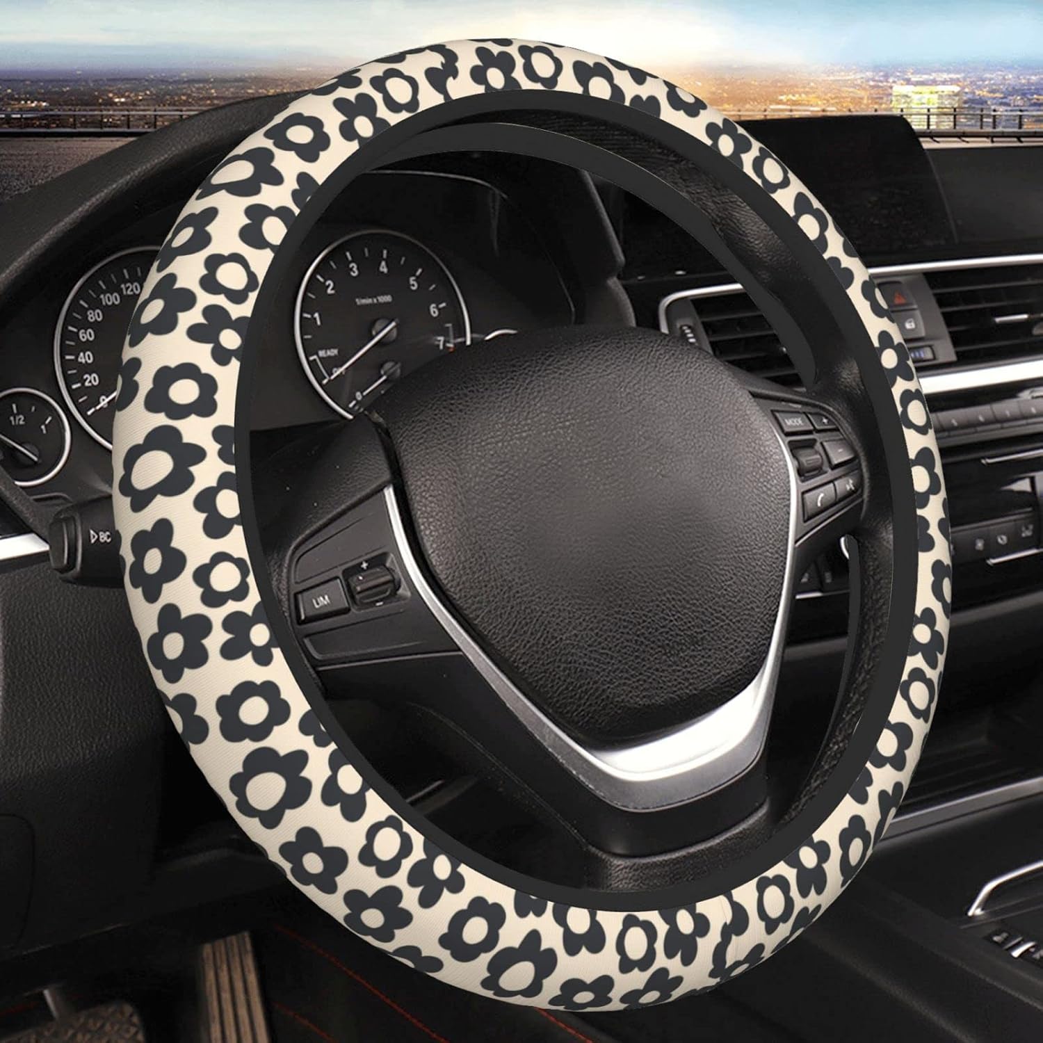 Flowers Vintage Groovy Steering Wheel Cover Universal 15 Inch Cute Car Accessories Protector for Women Men