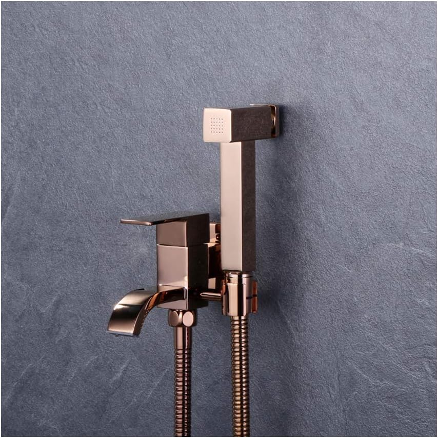 Rose Gold Bidet Sprayer with Cold Water Brass Bathroom Shower Bidet Tap with Waterfall Spout Wall Mounted Portable Cloth Diaper Washer Shower Sprayer Set for Pet Bath, Pe-A