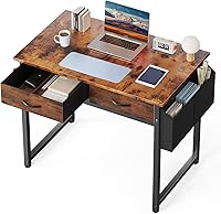 DUMOS 32" Rustic Brown Computer Desk with Drawers, Storage Bag & Headphone Hook - Compact Home Office Gaming Study Table