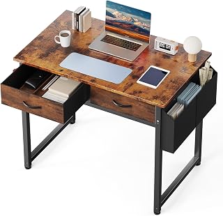 DUMOS 32 Inch Rustic Brown Computer Desk with Drawers, Storage Bag & Headphone Hook - Small Home Office Gaming Study Table