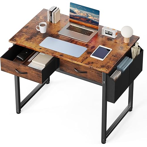 DUMOS 32" Home Office Computer Desk with Drawers, Small Gaming Writing Study Table with Storage Side Bag, Headphone Hook and Adjustable Feet for Bedroom Rustic Brown