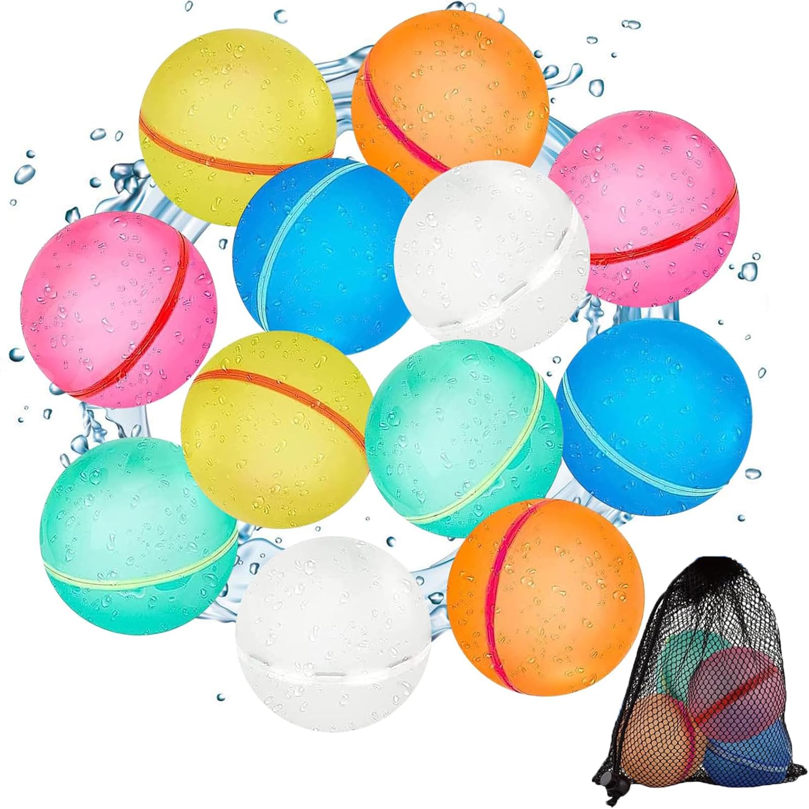 12 PCS Water Balloons, Reusable Water Bombs with Mesh Bag, Self Sealing Water Balloon for Adults, Summer Outdoor Pool Party Toys, Water Balloons for Garden and Pool Fun