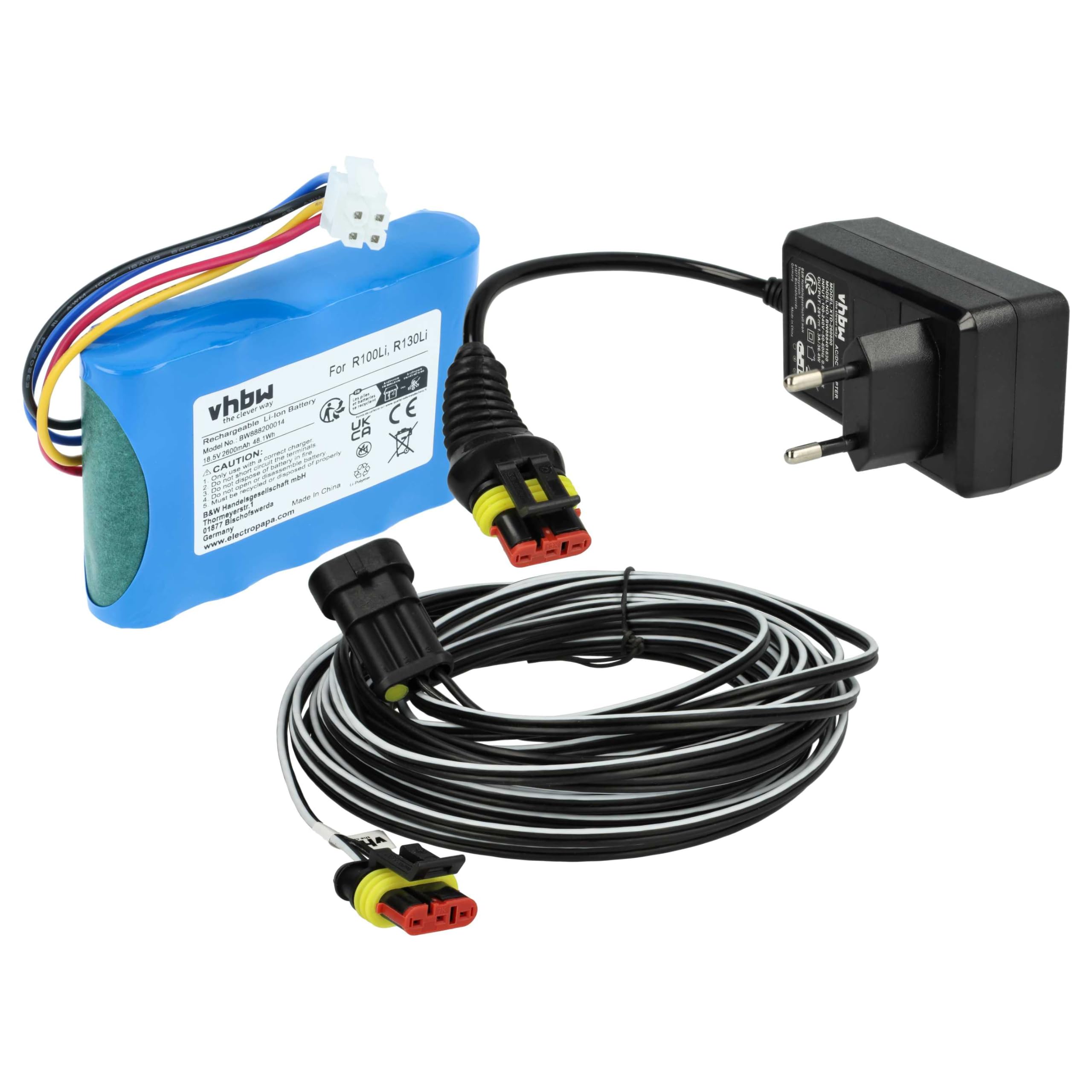 vhbw 1x Fuente alimentación, 1x bateria 2600 mAh, 1x Cable Baja tensión de 10 m Compatible con Flymo 1200R cortacésped