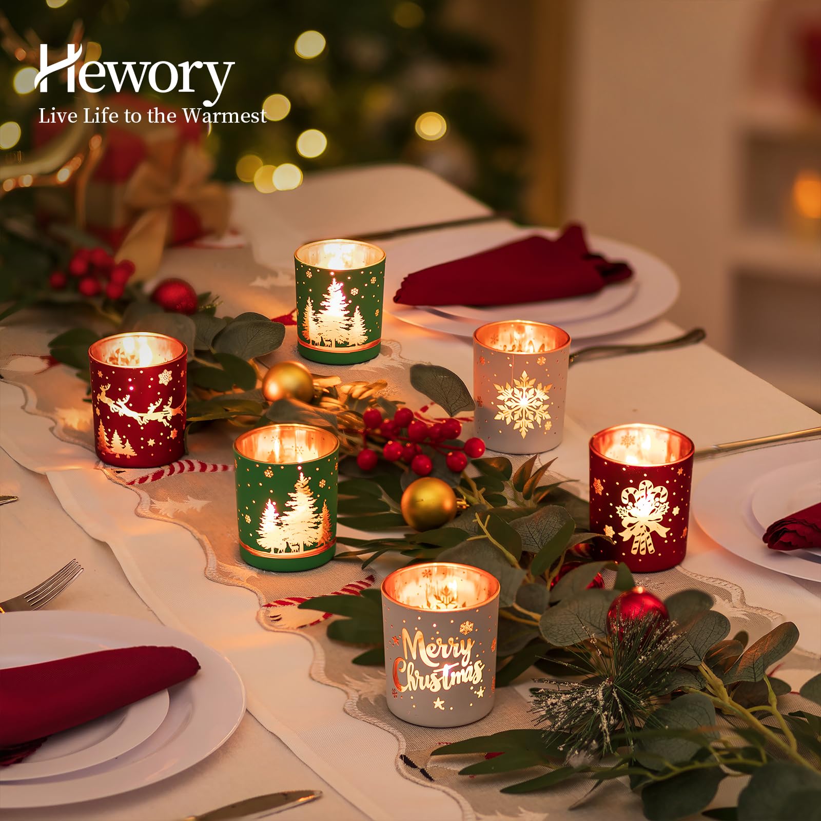 Hewory Lot de 6 bougeoirs votifs de Noël : lot de 6 bougeoirs cylindriques en verre pour centre de table, décoration d'intérieur pour cheminée, fête de vacances