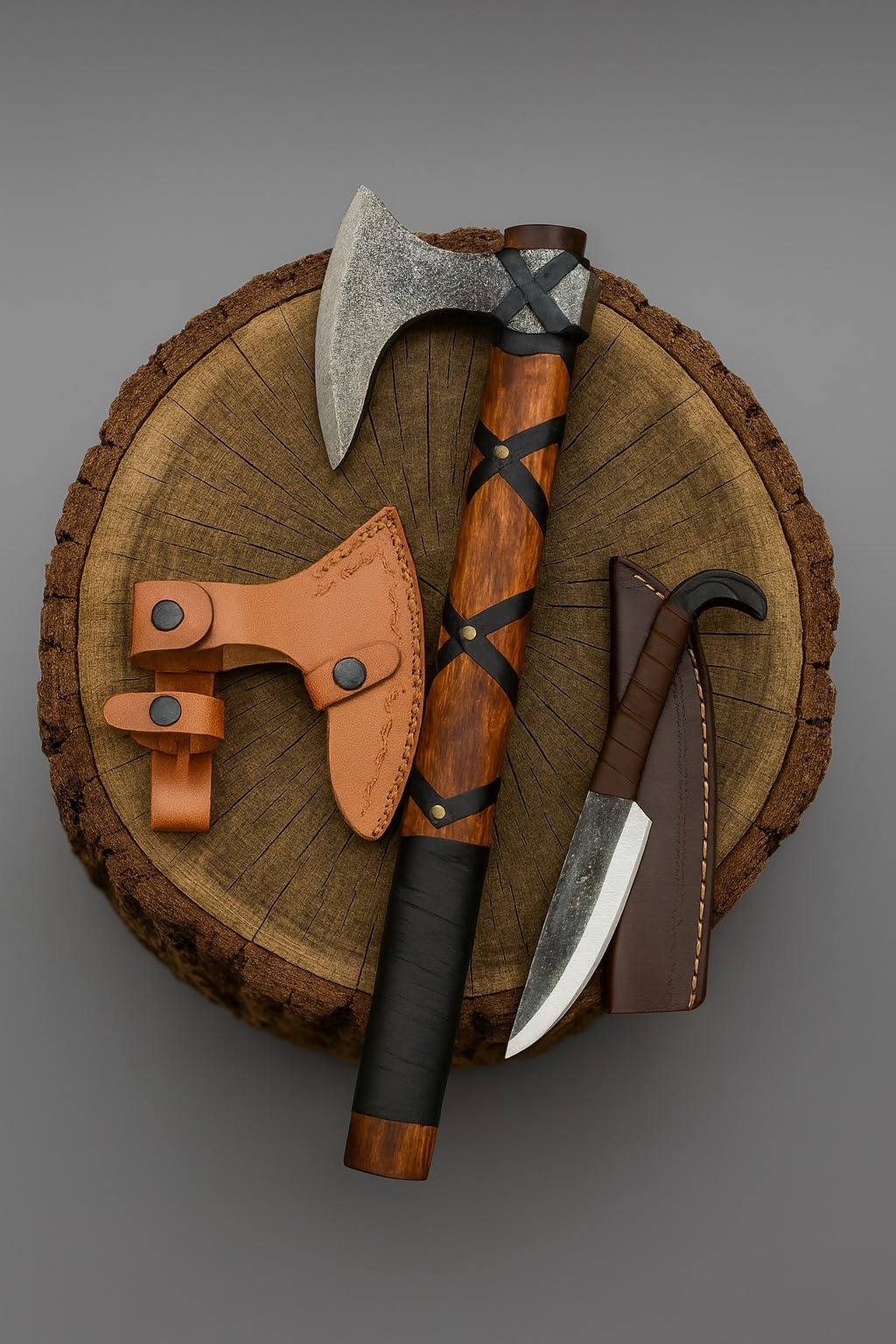 Hand-Forged Viking Axe and Norse Vikings Knife Set | 20" Carbon Steel Axe with Raven-Head Knife with Leather Sheath | Medieval Replica Collectible Gift Set for Men.