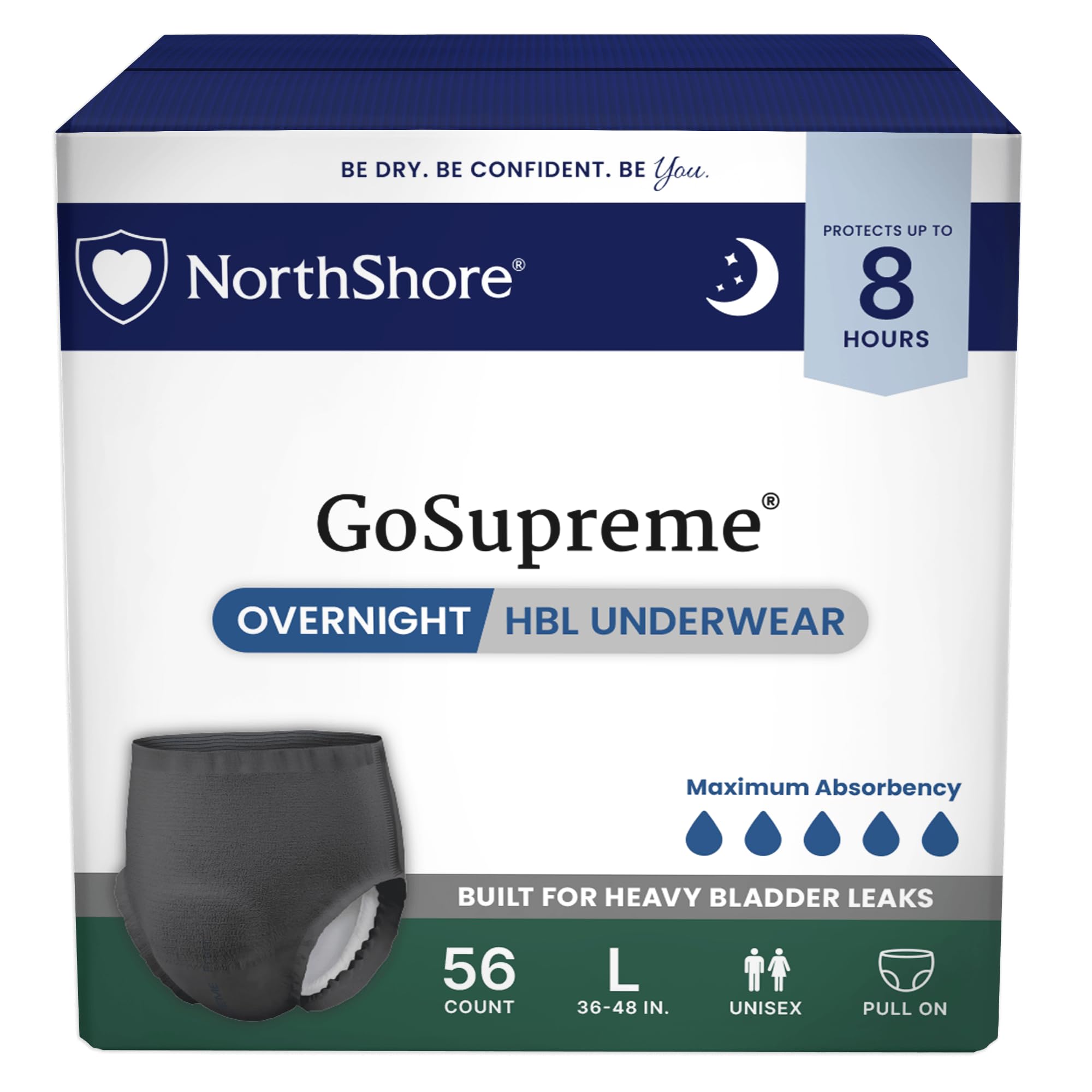 GoSupreme 8-Hour Overnight Underwear, Black, Large, 56 Count