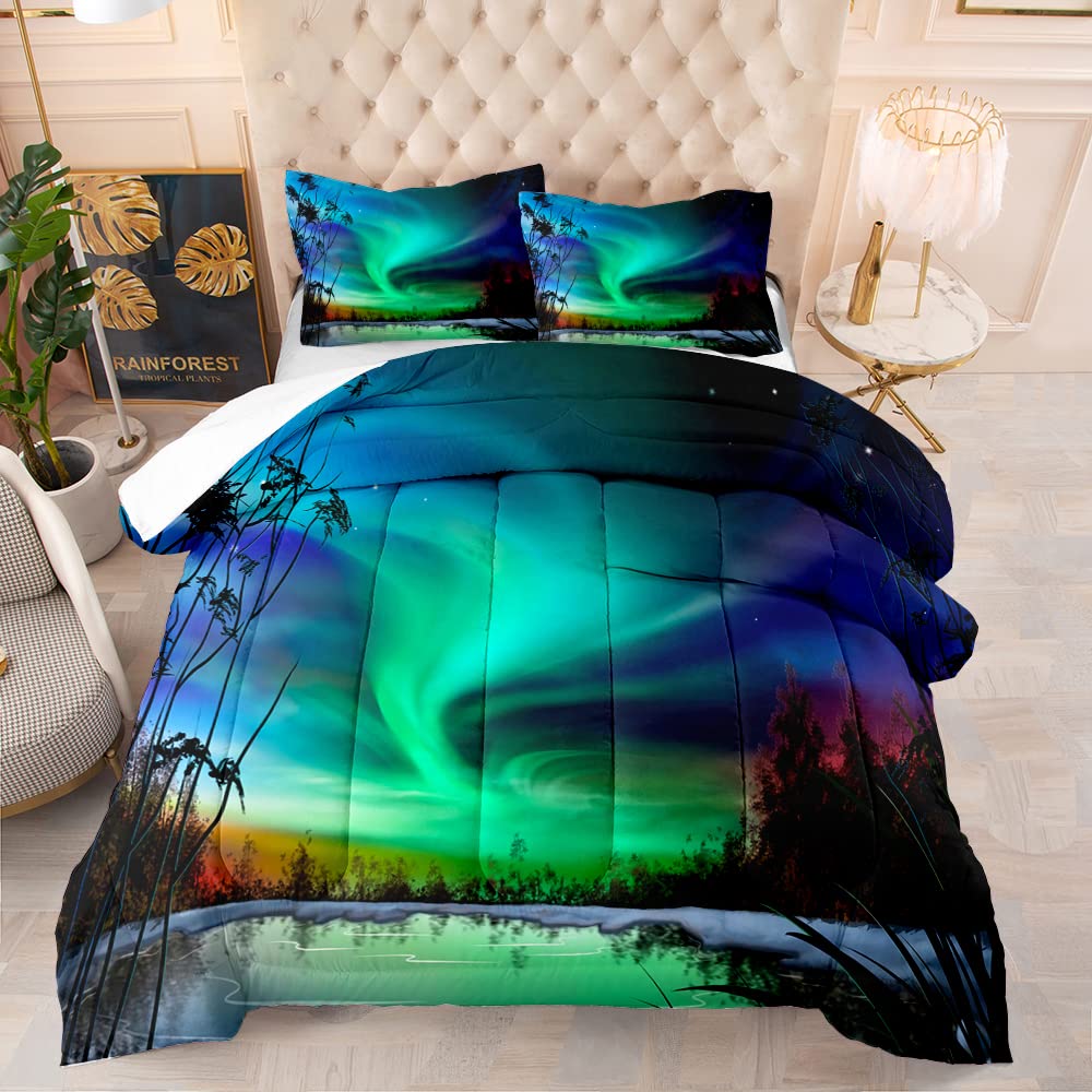 Couette microfibre 203x228 verte imprimée Aurora avec 2 taies d'oreiller de lit 50x75