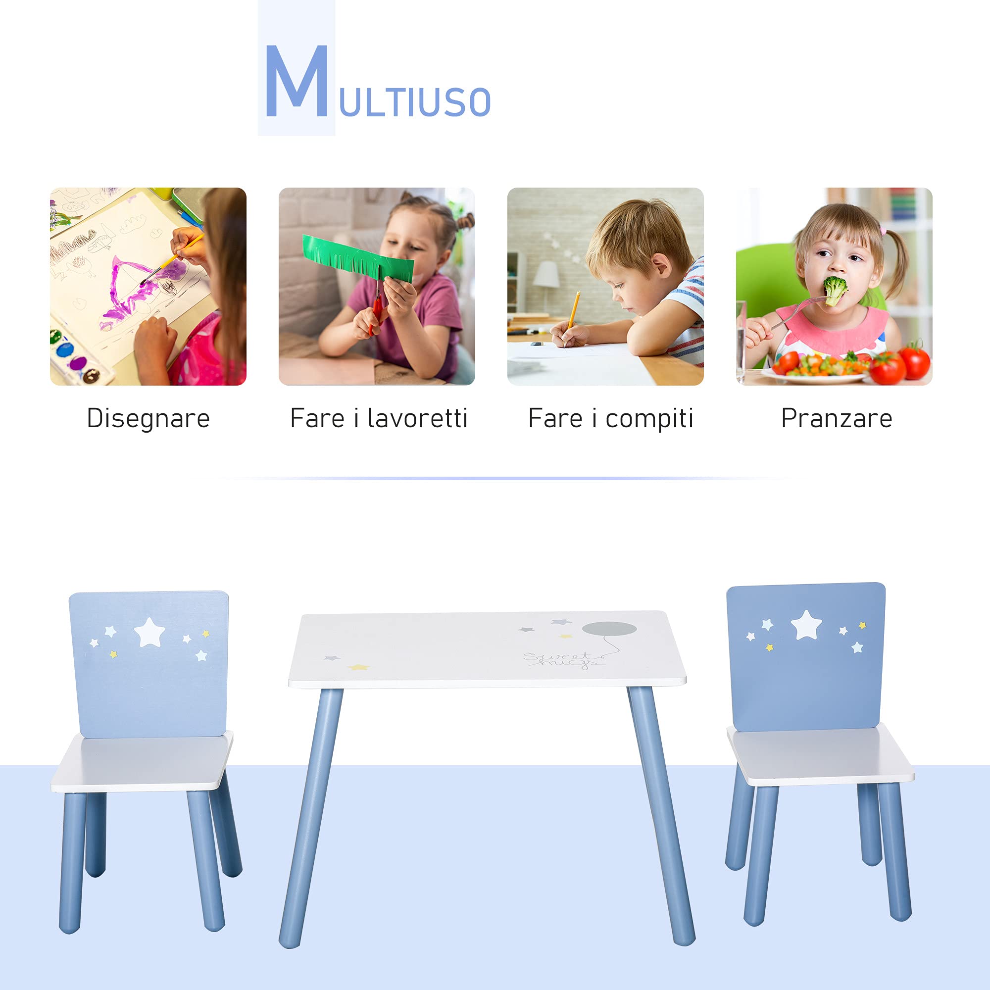 HOMCOM Tavolo e Sedie per Bambini, Tavolino per Bambini 2-4 Anni, in Legno Azzurro e Bianco, Set 3 Pezzi