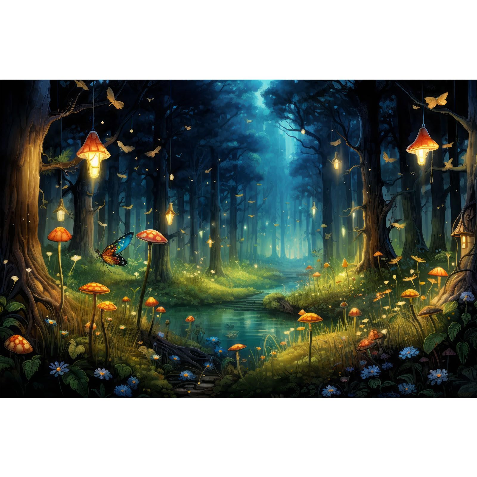 Magical Fantasy Forest Photography Backdrop Jungle Safari Theme Party Background Spring Green Tree Mushroom Butterfly Enchanted Forest Theme Baby