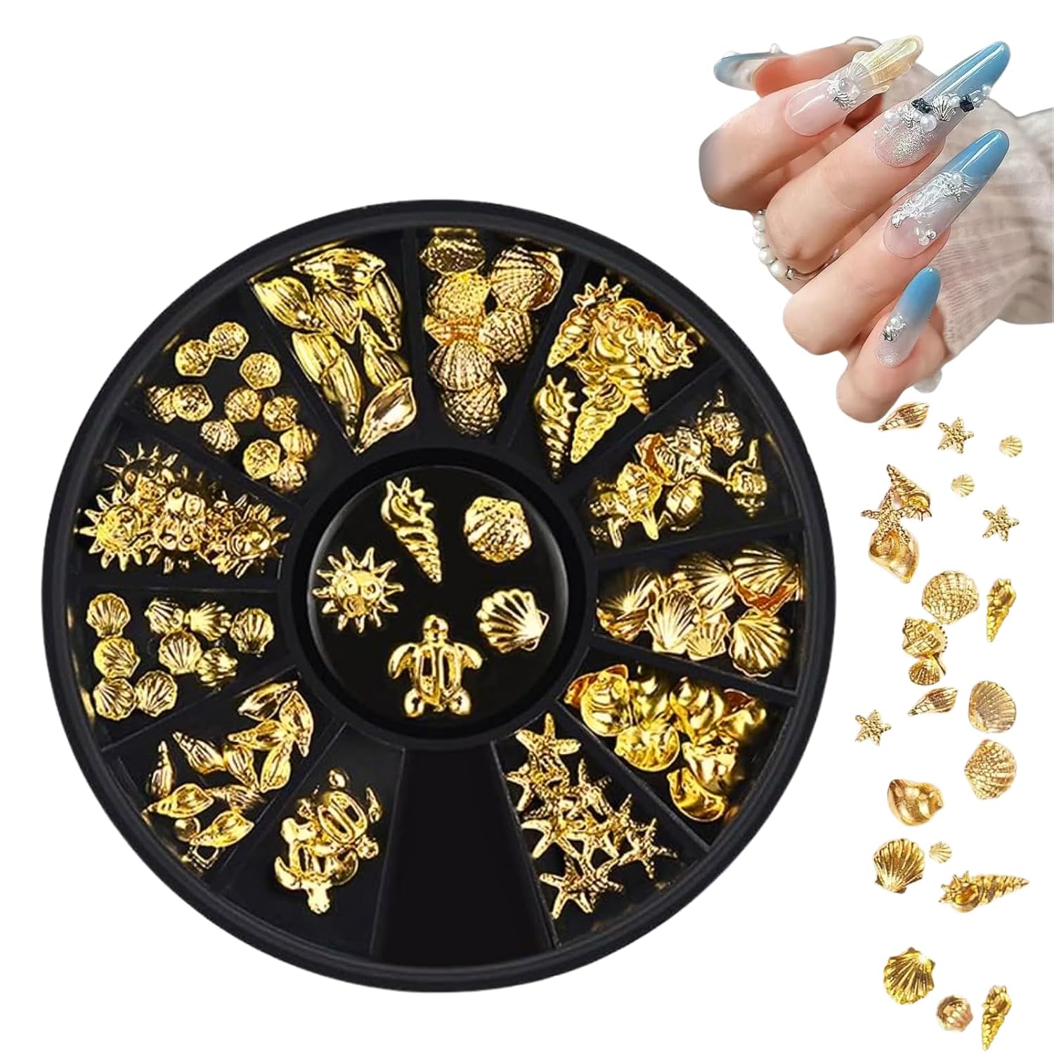 12 Styles Gold Ocean Nail Art Metal Studs 3D Charms for DIY Acrylic Tips | Palm Tree Design, Turtle Charms, Marine Life Theme, 3D Metal Studs, DIY Nail Decor