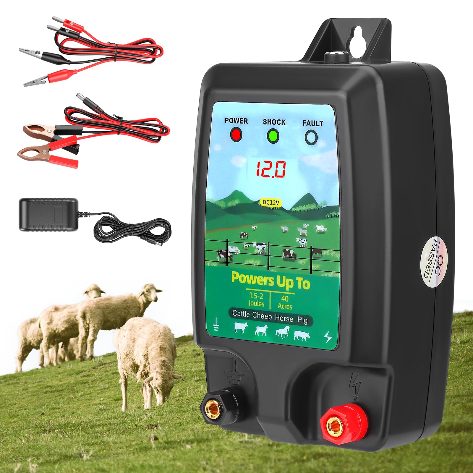 Energizador de Cerca eléctrica GJCrafts, Alcance de 10 km, 1,5-2 J - Energizador de Cerca eléctrica para Ganado y Mascotas - Triple alimentación (230 V/12 V/Solar) - Resistente al Agua IP45 - Incluye