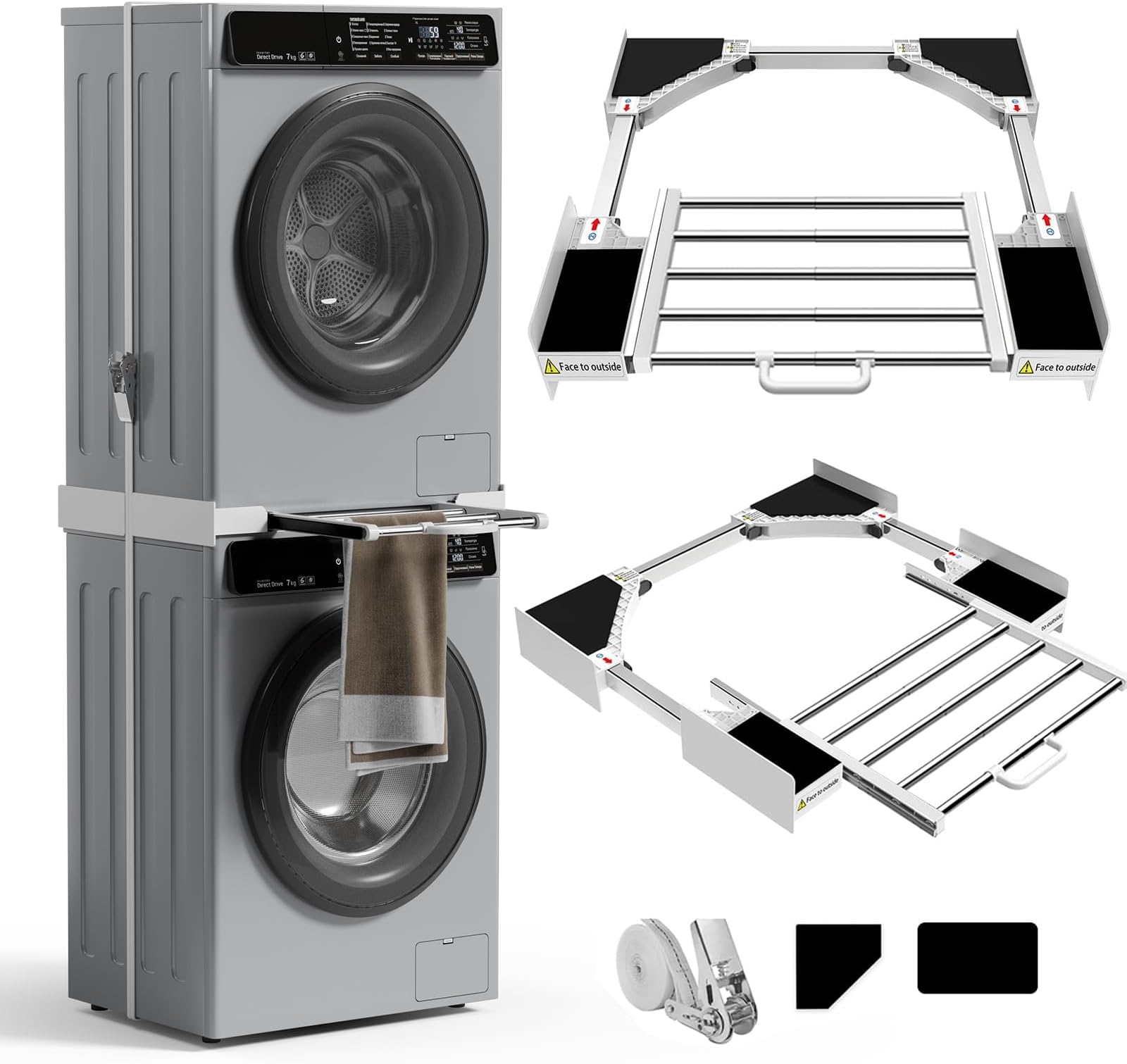 Violety Washer Dryer Stacking Kit, Universal Stacking Kit for Washer and Dryer with Pull-Out Sliding Shelf, Adjustable Stackable Kit for Front Load Laundry with Ratchet (Stacking Kit with Shelf)