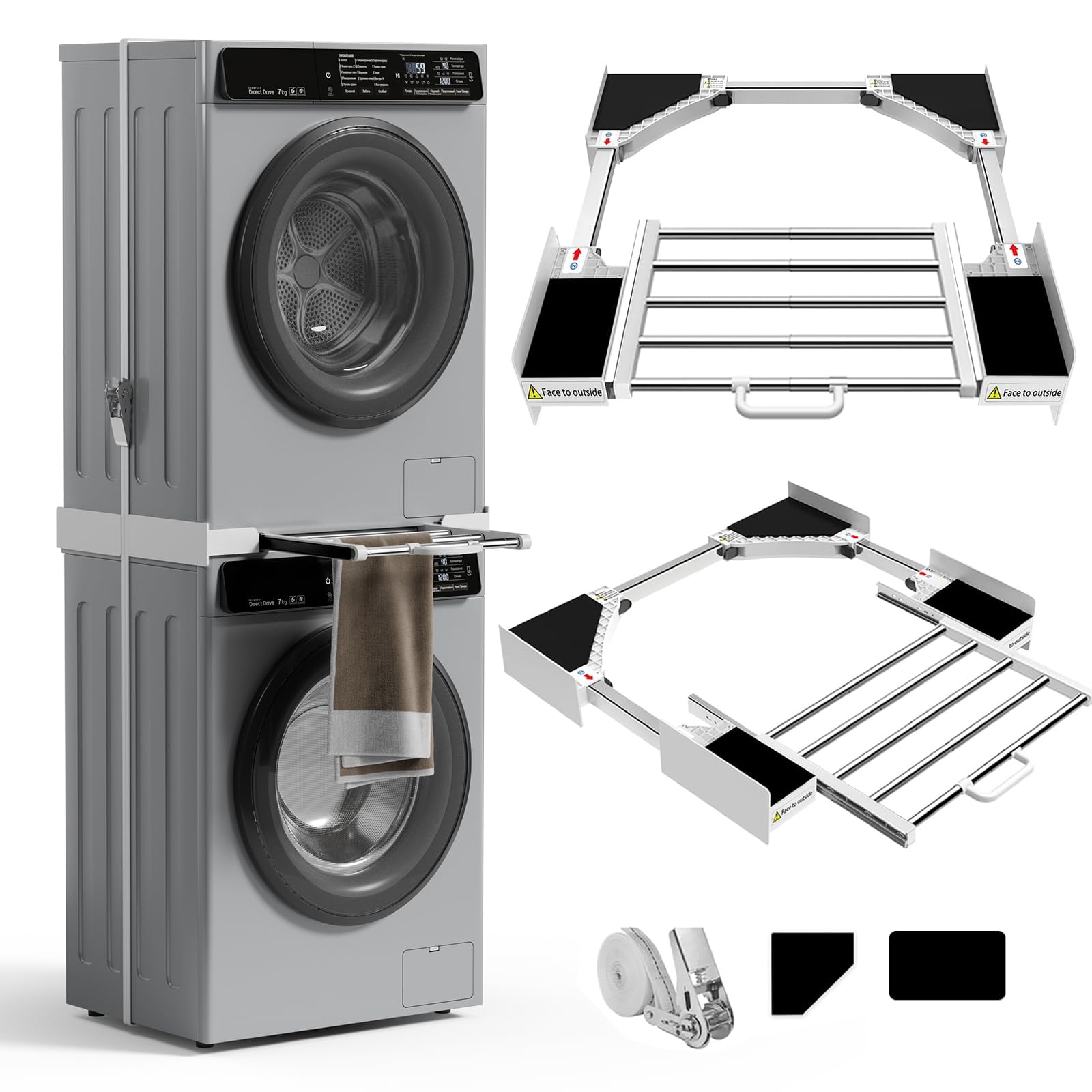 Violety Washer Dryer Stacking Kit, Universal Stacking Kit for Washer and Dryer with Pull-Out Sliding Shelf, Adjustable Stackable Kit for Front Load Laundry with Ratchet (Stacking Kit with Shelf)