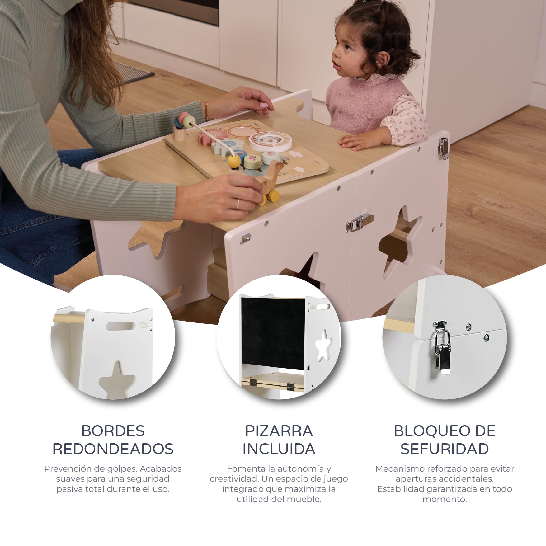 MS BabyWorld – Learn Up – Torre de Aprendizaje Montessori | Convertible en Escritorio con Pizarra y Taburete | Madera Maciza | Barra de Seguridad | Plegable