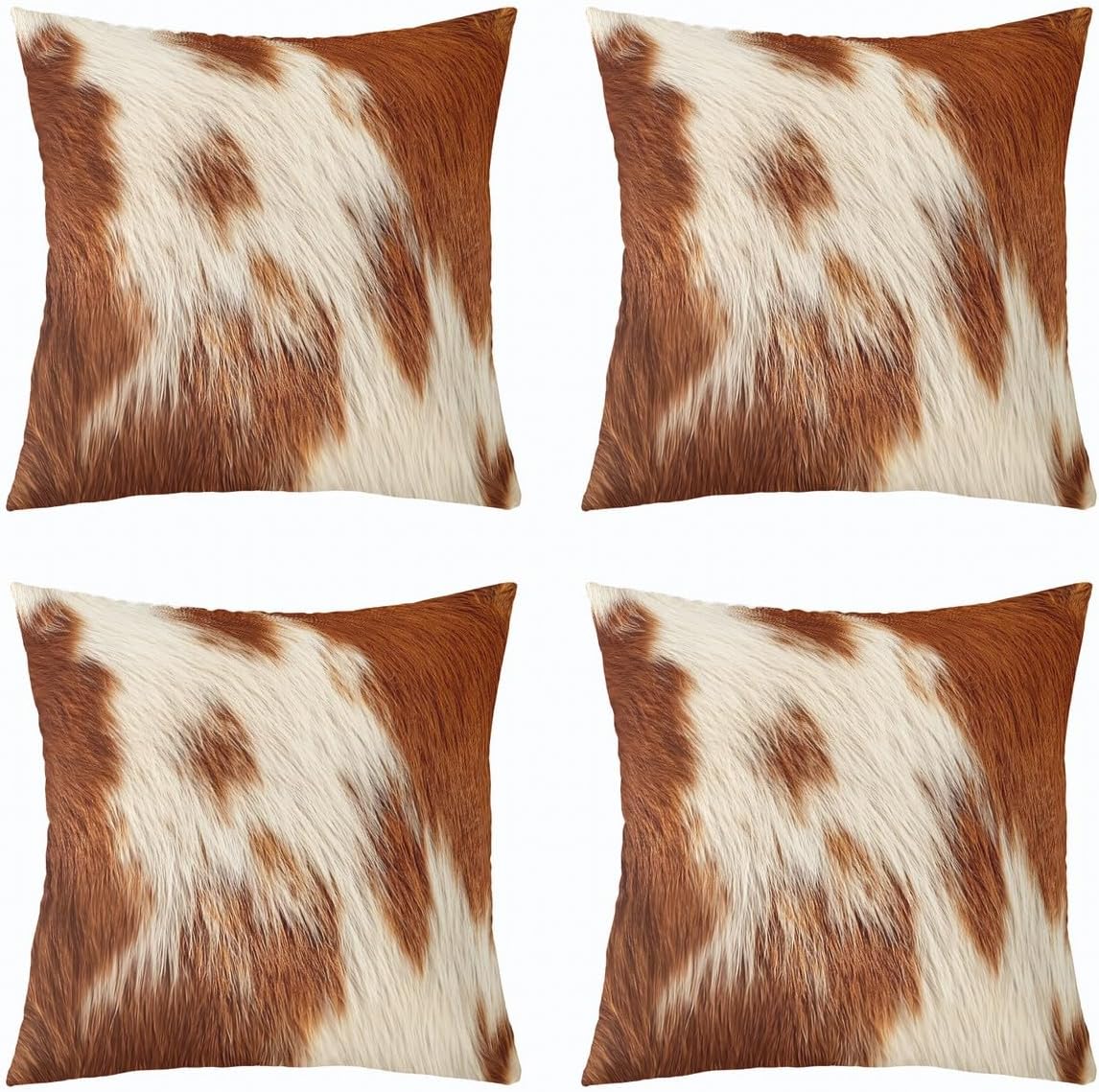 Pack of 4 Cowhide Throw Pillow Covers 20x20 Western Farm Animal Fur Pillow Covers Brown Beige Brown Cow Print Cushion Covers For Kids Boys Girls Teens Rustic Farmhouse Cow Accent Pillow Cases