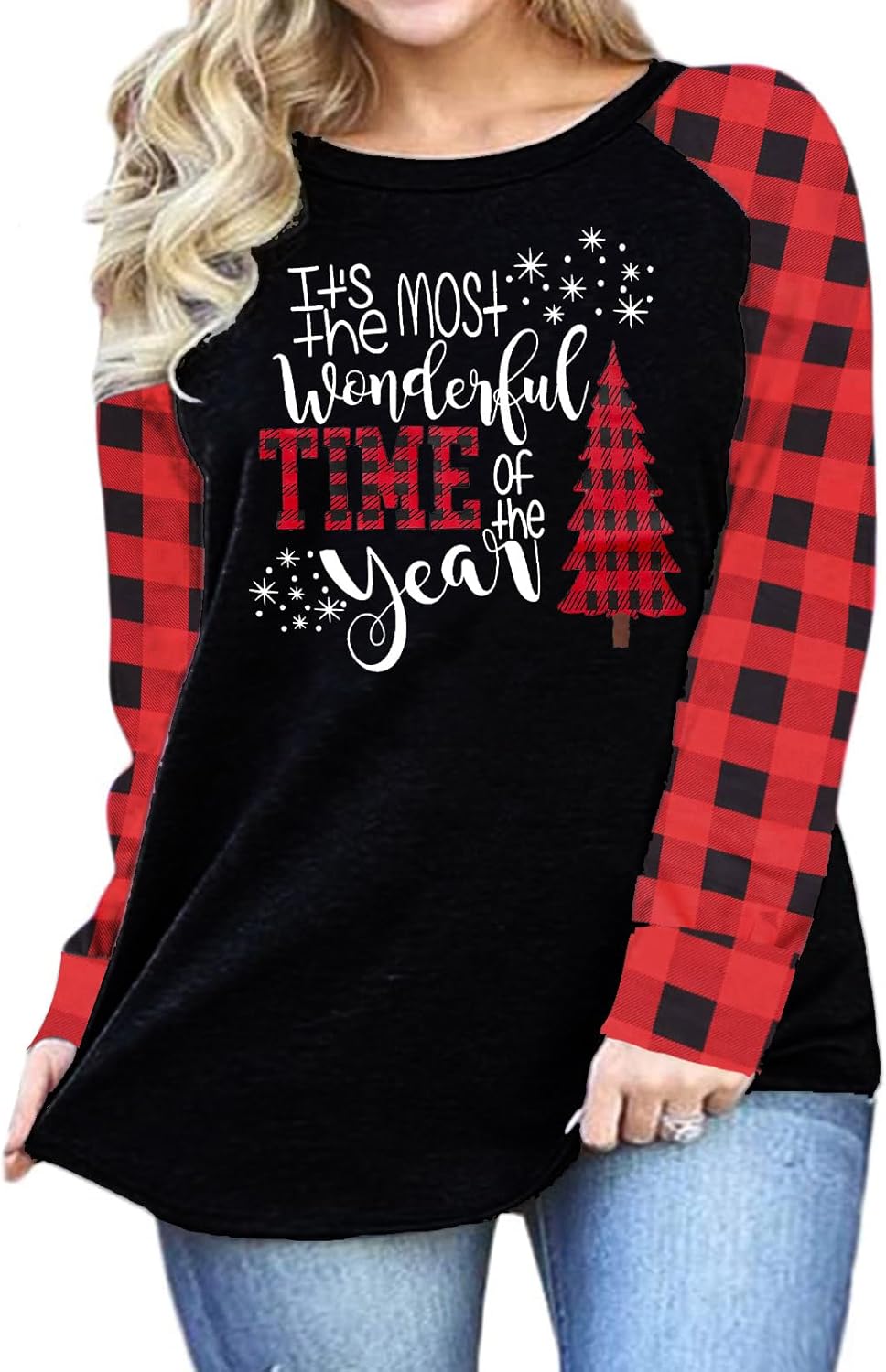 Plus Size Merry Christmas Shirts Women Xmas Buffalo Plaid Tree Shirt Long Oversized Graphic Tees Xmas Tops - Image 2