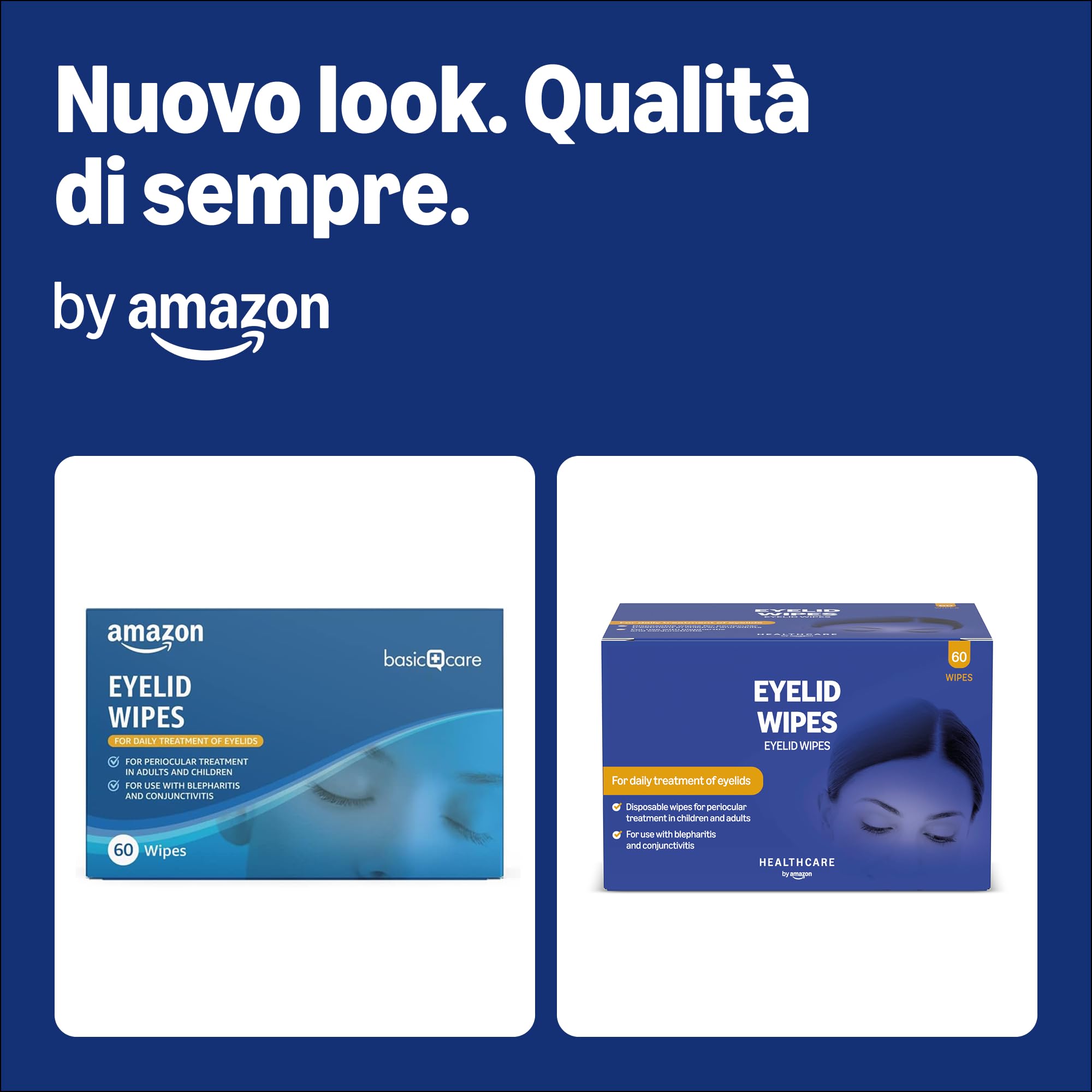 Healthcare by Amazon Salviettine Detergenti per Palpebre per il Trattamento Perioculare di Adulti e Bambini, Inodori, Confezione da 60 (in Precedenza Amazon Basic Care) - L'Imballaggio Può Variare