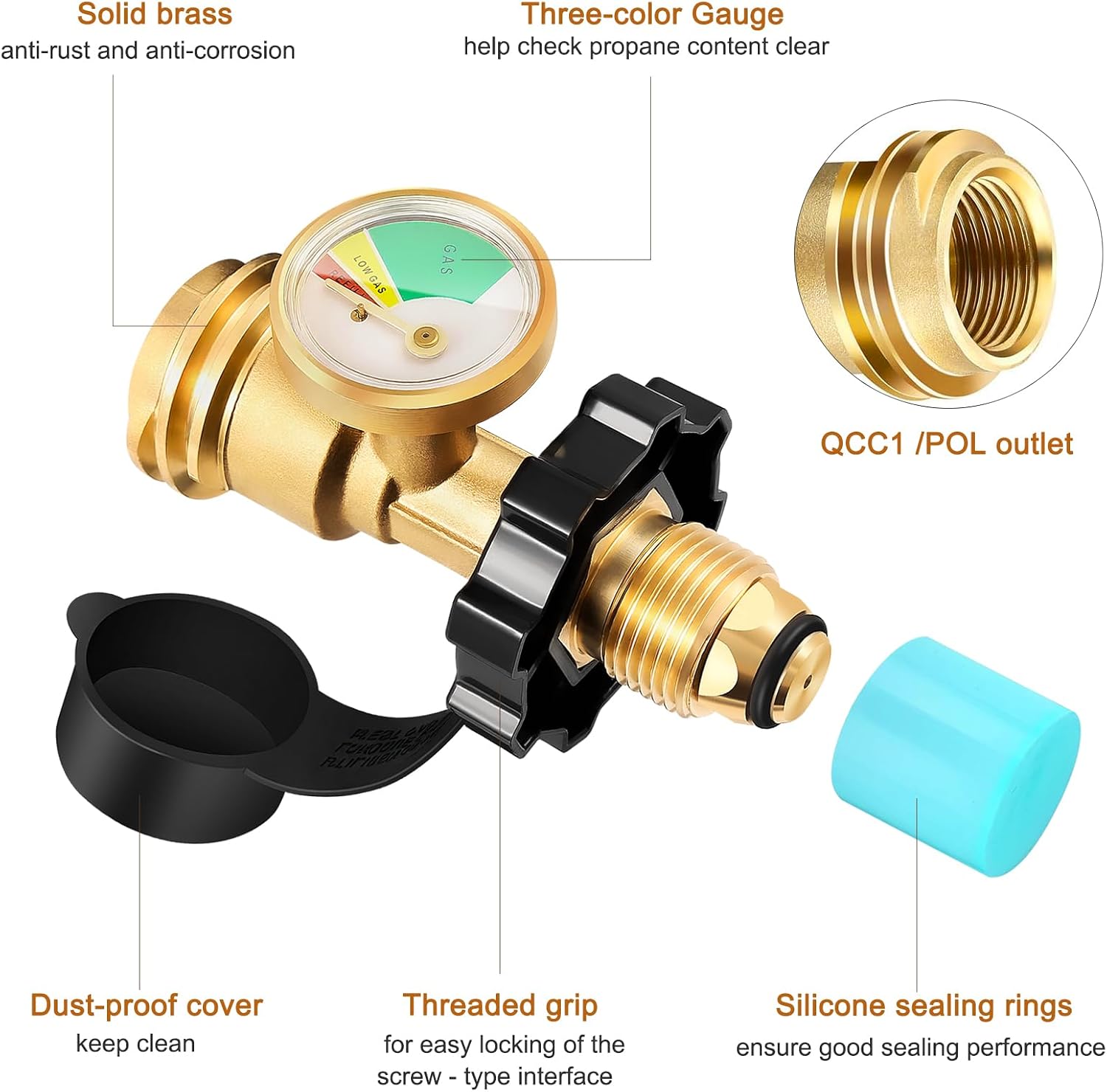 POL Propane Tank Adapter,Propane Tank Gauge Old to New Connection Type,Propane Gas Gauge for LP Propane Tank 5LB-100LB with QCC1/Type for Natural Gas Grills,RV,Pizza Oven,BBQ and More(1 Pack)