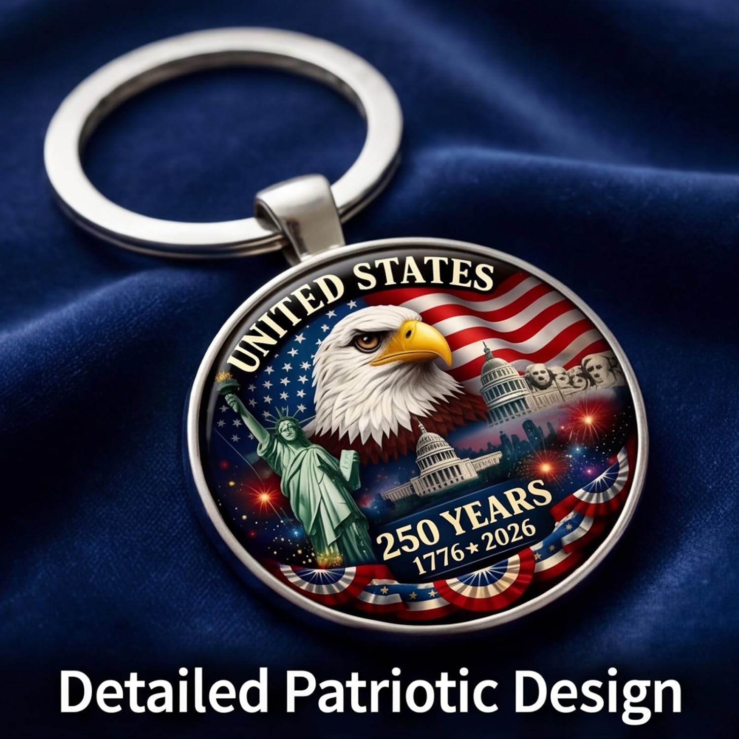 2Pcs USA 250th Anniversary Keychain, 250th Anniversary American Patriotic Metal Key Ring with Eagle, Flag & Landmarks Design, Commemorative Gift for Independence Day & Patriotic Events
