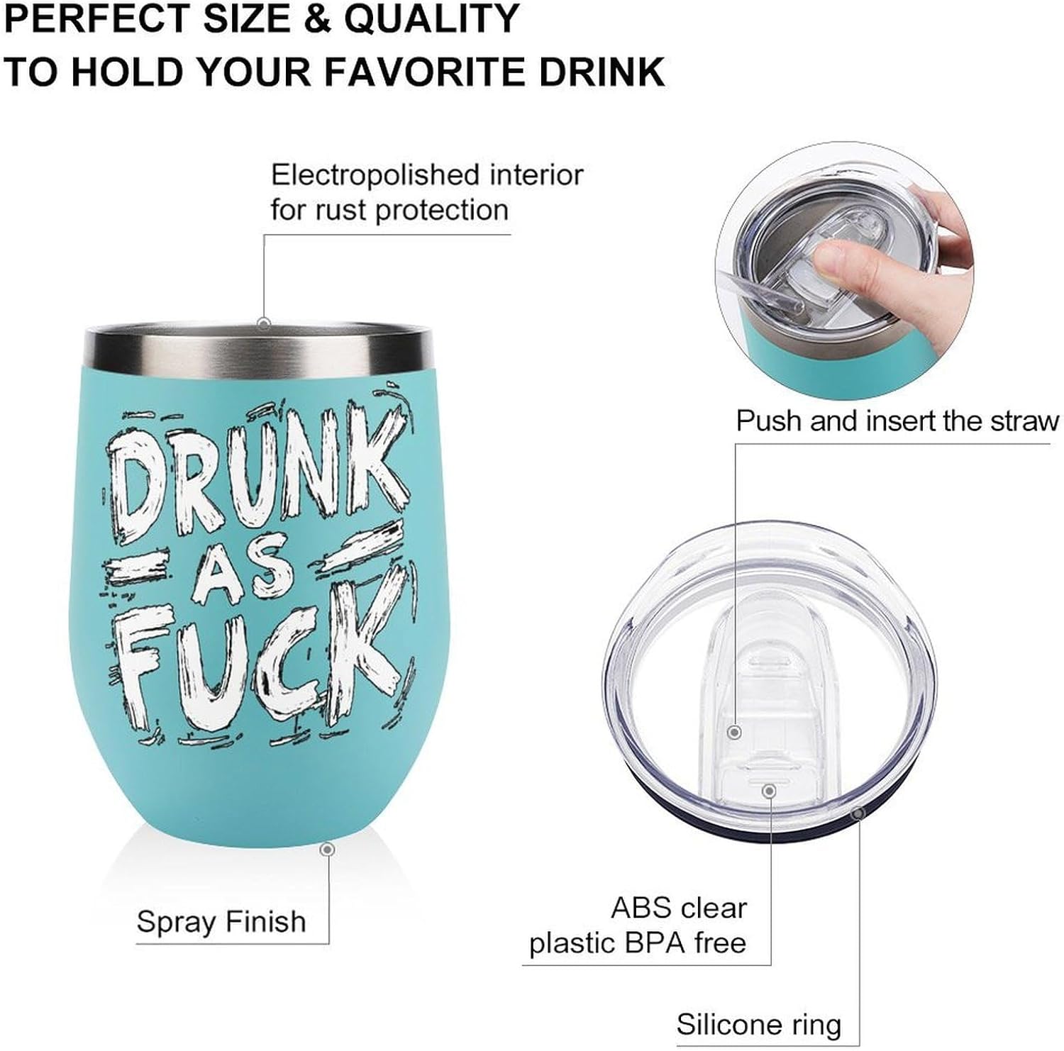 Drunk As Fuck1 Insulated Drinking Cup Stainless Steel Coffee Mug Wine Tumbler with Lid 12OZ
