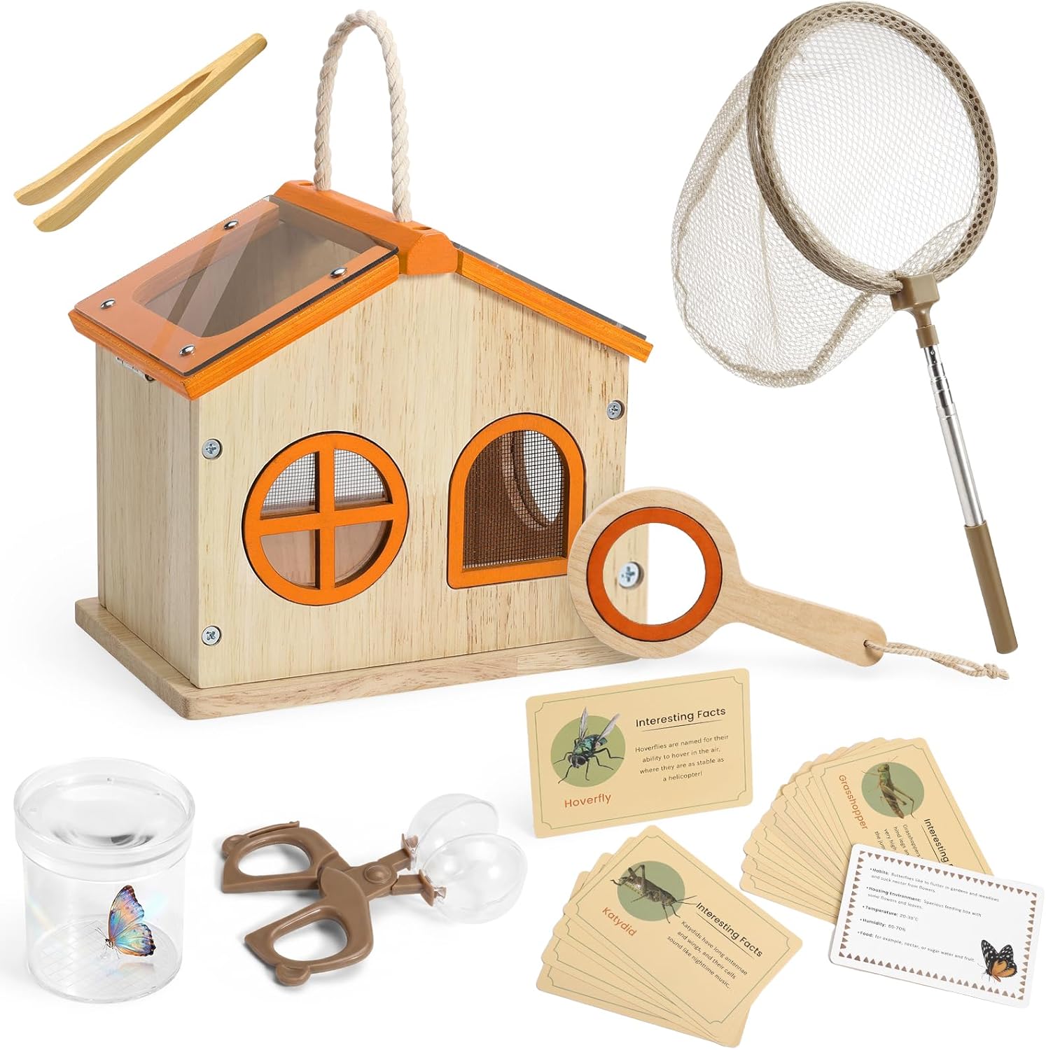 SainSmart Jr. Bug Catcher for Kids - Wooden Bug Habitat with Magnified Viewer, Butterfly Net, Observation Box, Tweezers & 15 Cards, Outdoor Toys & STEM Toys for Boys & Girls Ages 3+, Orange