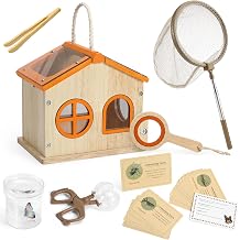 SainSmart Jr. Bug Catcher for Kids - Wooden Bug Habitat with Magnified Viewer, Butterfly Net, Observation Box, Tweezers & 15 Cards, Outdoor Toys & STEM Toys for Boys & Girls Ages 3+, Orange