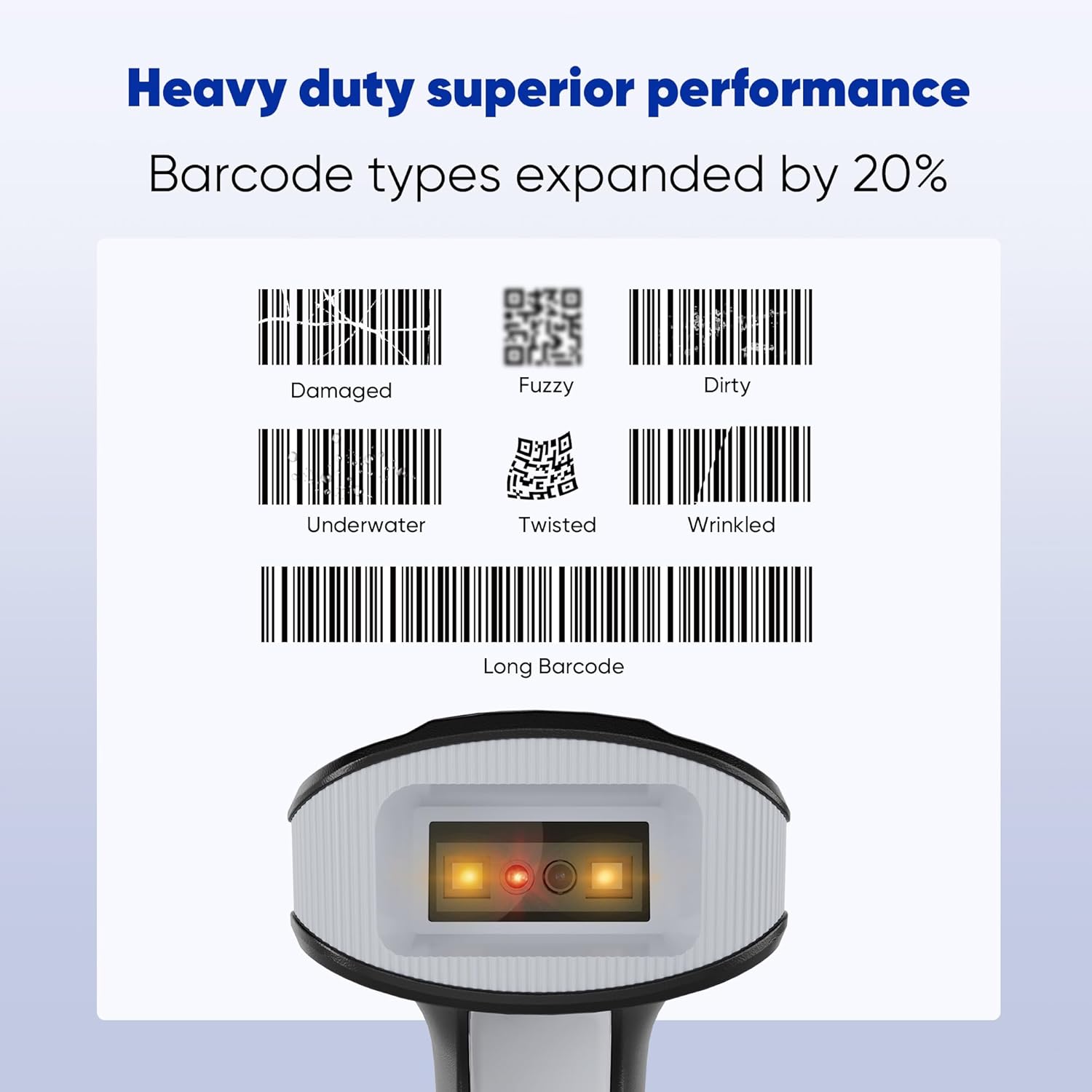 Examples of various barcode conditions the scanner can read: Damaged, Fuzzy, Dirty, Underwater, Twisted, Wrinkled, and Long Barcode.