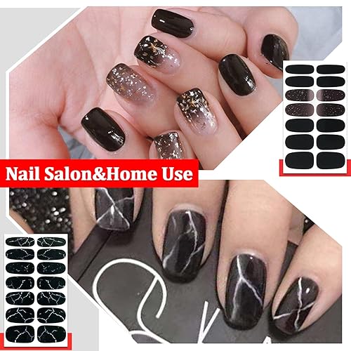 Miniatura 3 de SILPECWEE 16 hojas de envolturas de uñas de estilo negro para mujer tiras de esmalte de uñas adhesivas con purpurina de color sólido calcomanías de