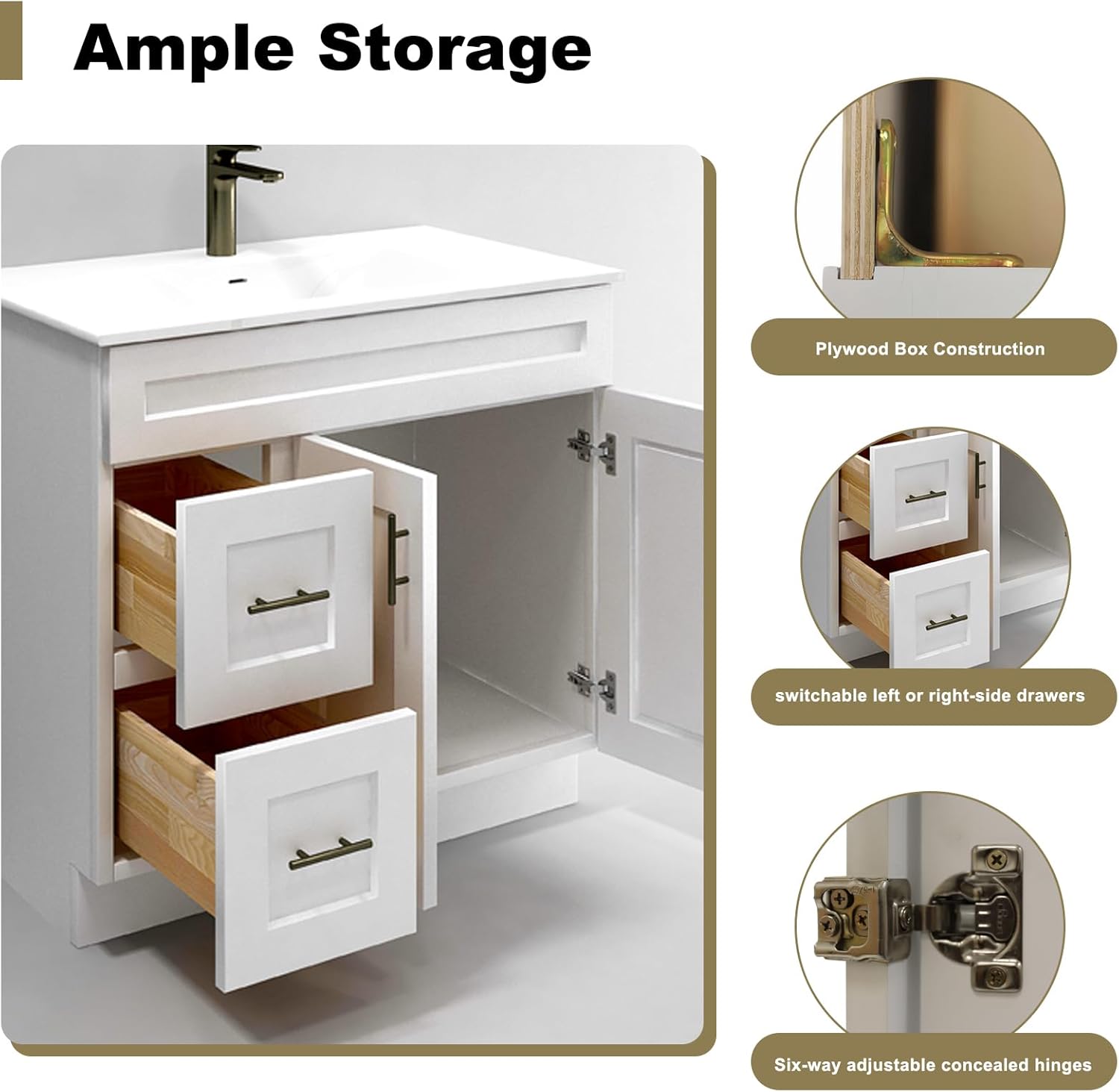 36" Shaker Bathroom Vanity Sink Base with Drawers (Ready-to-Assemble) (White Shaker Vanity Base)